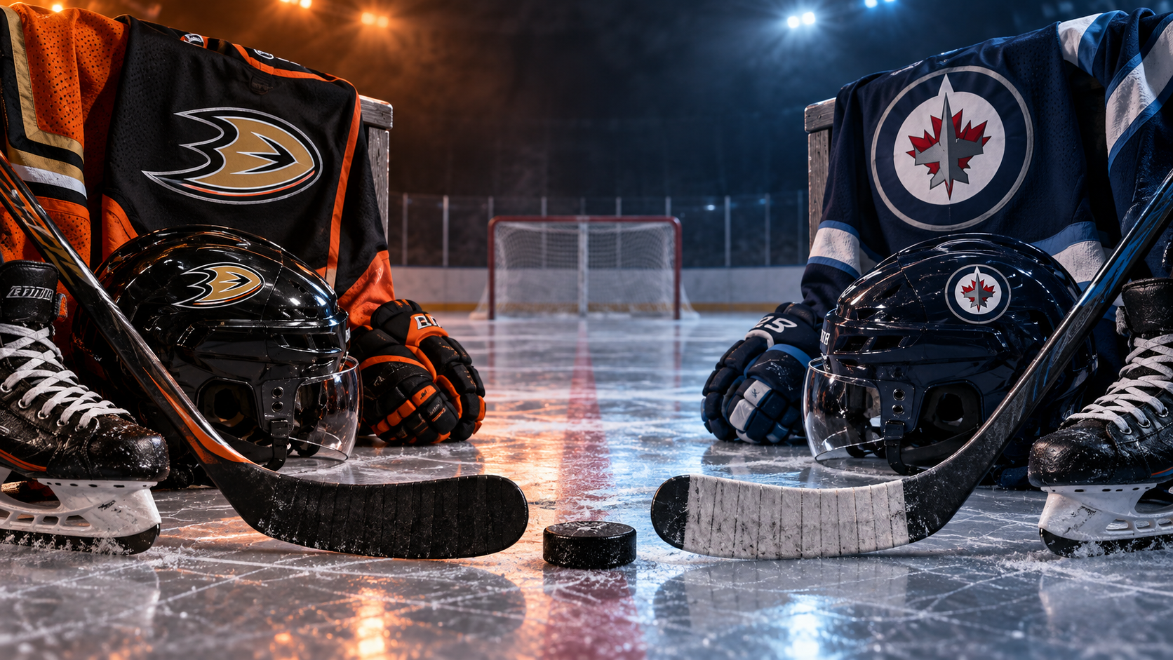 Editorial illustration of Anaheim Ducks at Winnipeg Jets team equipment