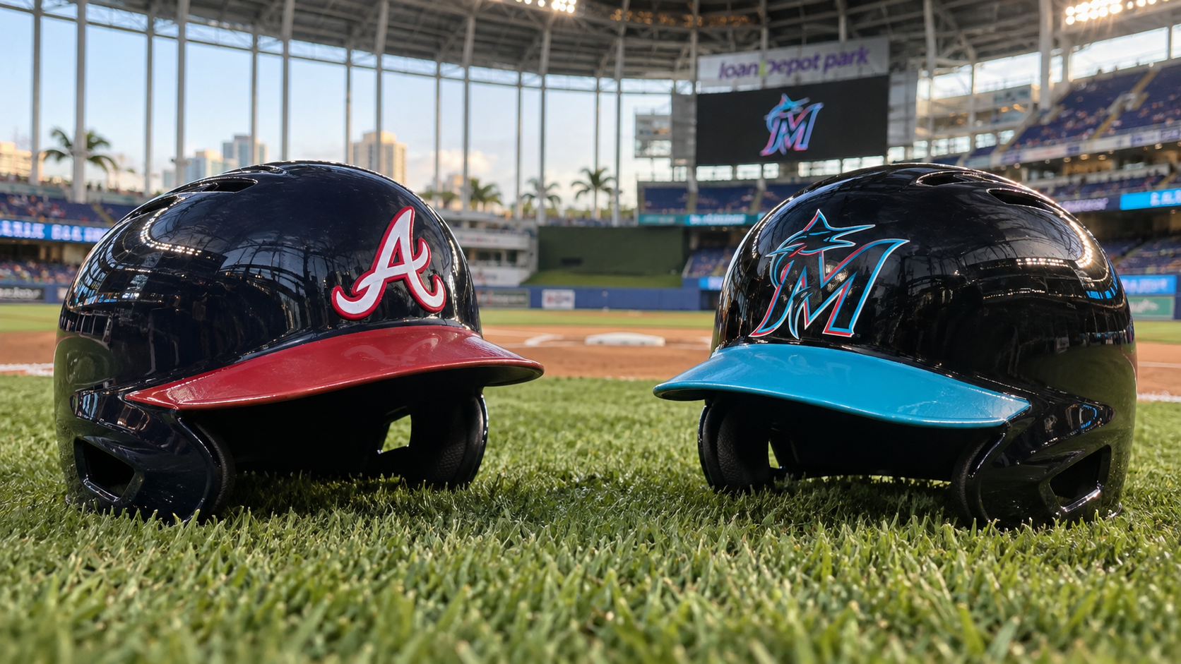 Editorial illustration representing Atlanta Braves and Miami Marlins