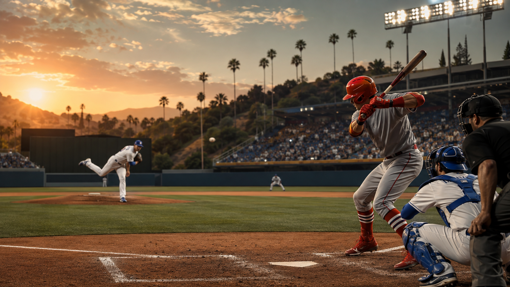 Game-night baseball illustration for Cardinals at Dodgers