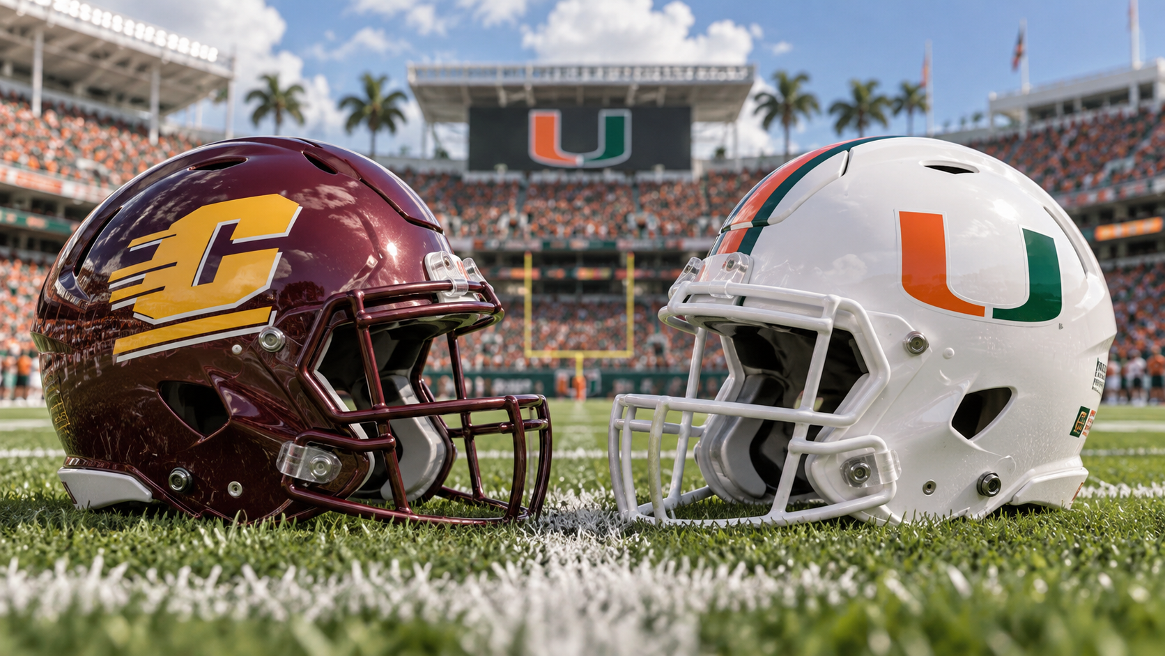 Central Michigan maroon C helmet vs Miami U helmet
