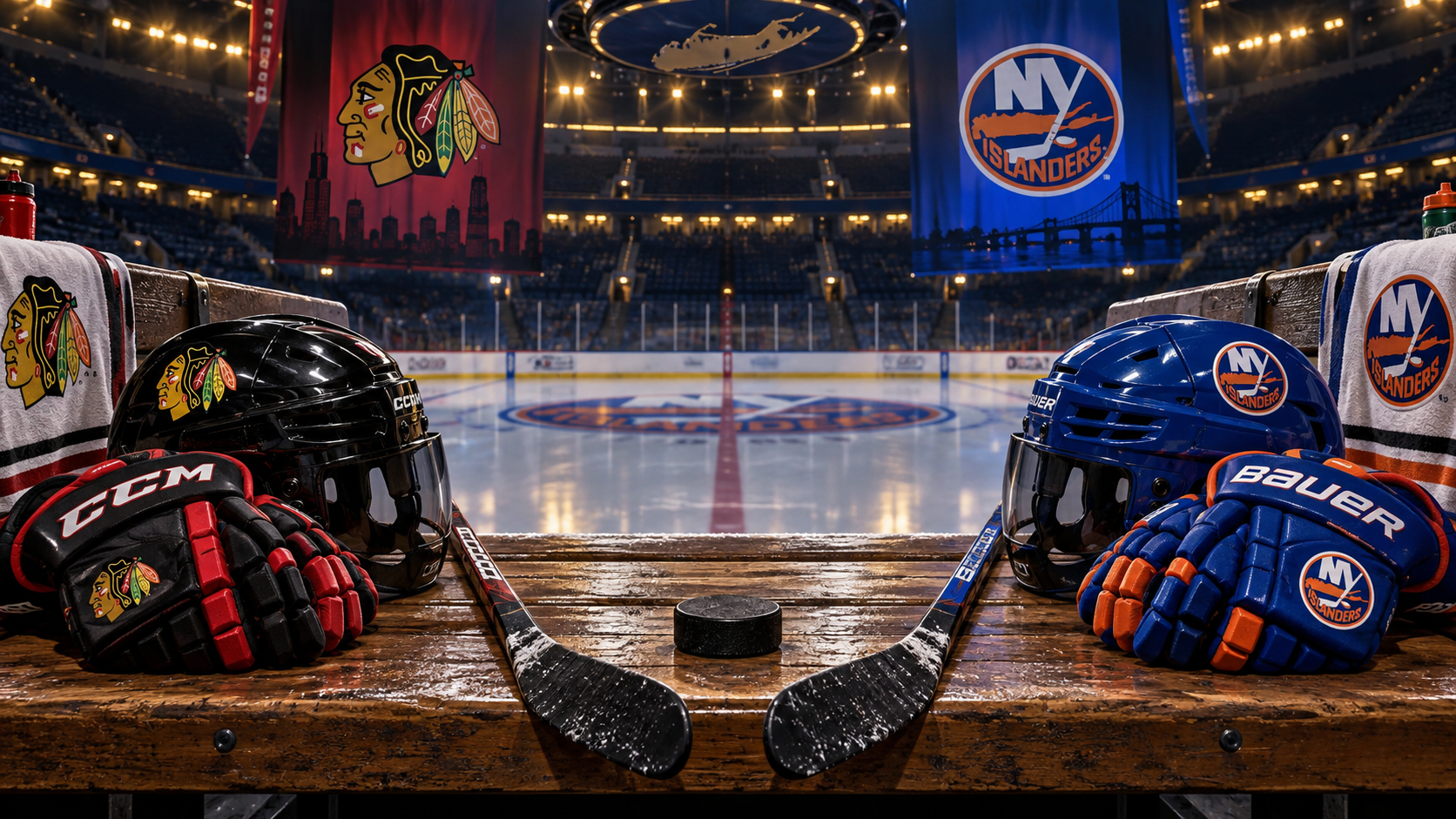 Editorial illustration of Chicago Blackhawks and New York Islanders team equipment