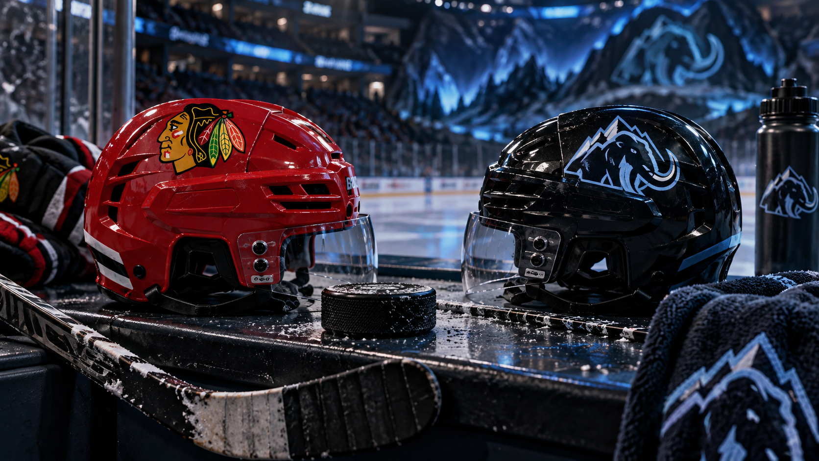 Editorial illustration of Chicago Blackhawks and Utah Mammoth team equipment