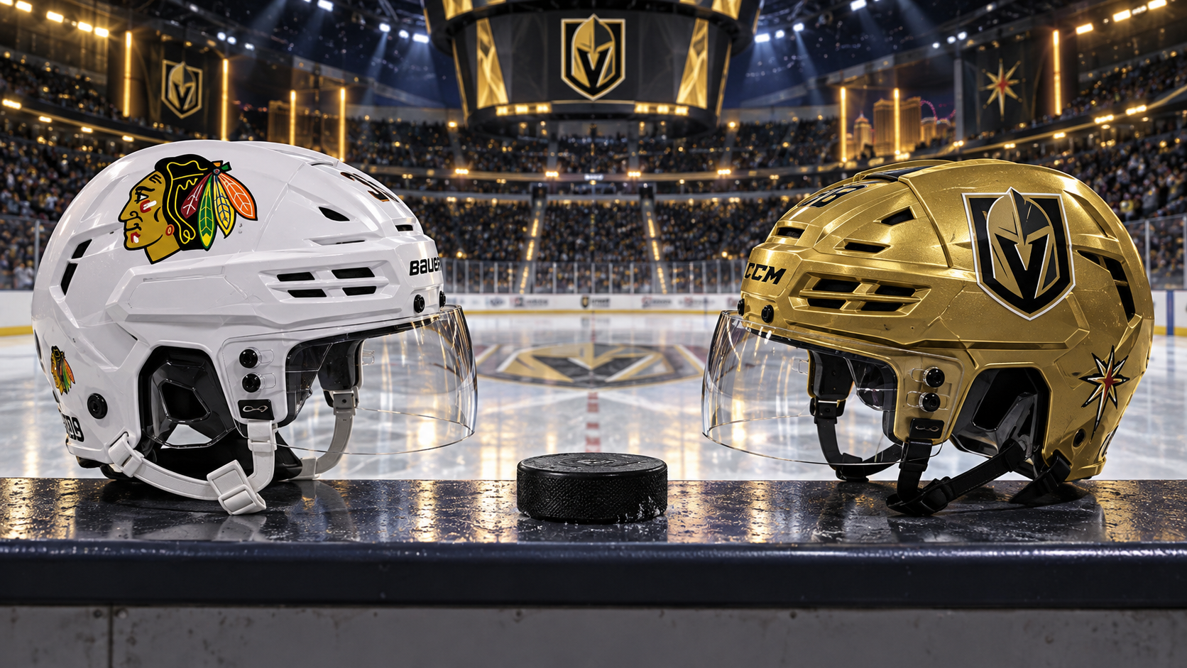Editorial illustration of Chicago Blackhawks and Vegas Golden Knights team equipment