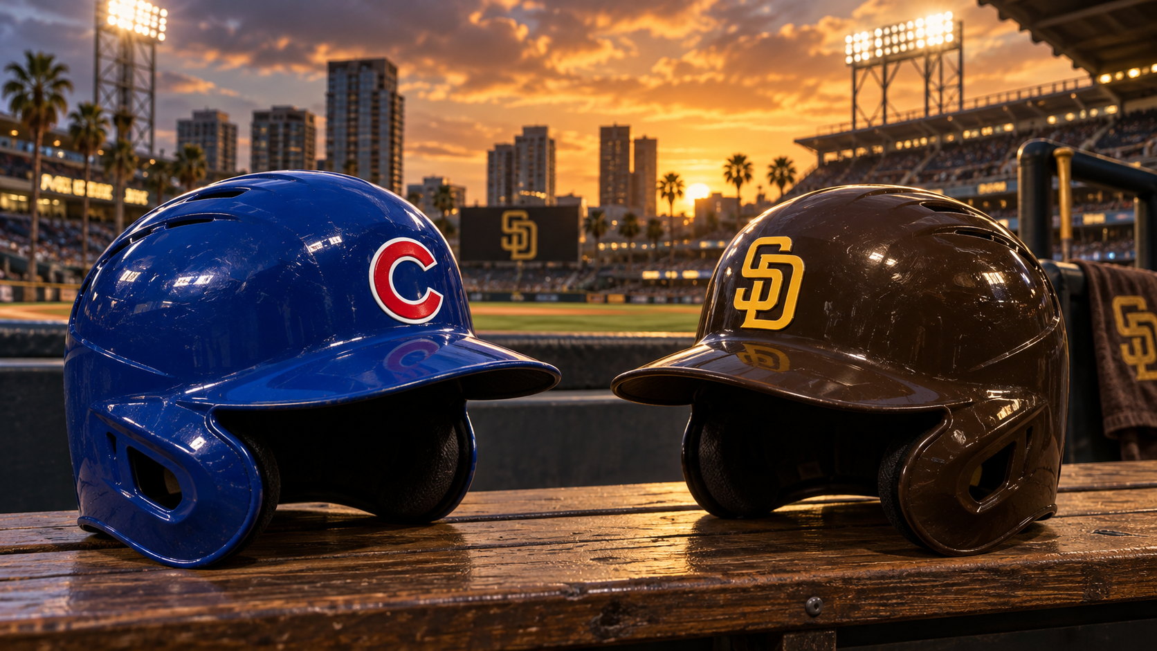 Editorial illustration of Chicago Cubs and San Diego Padres team equipment