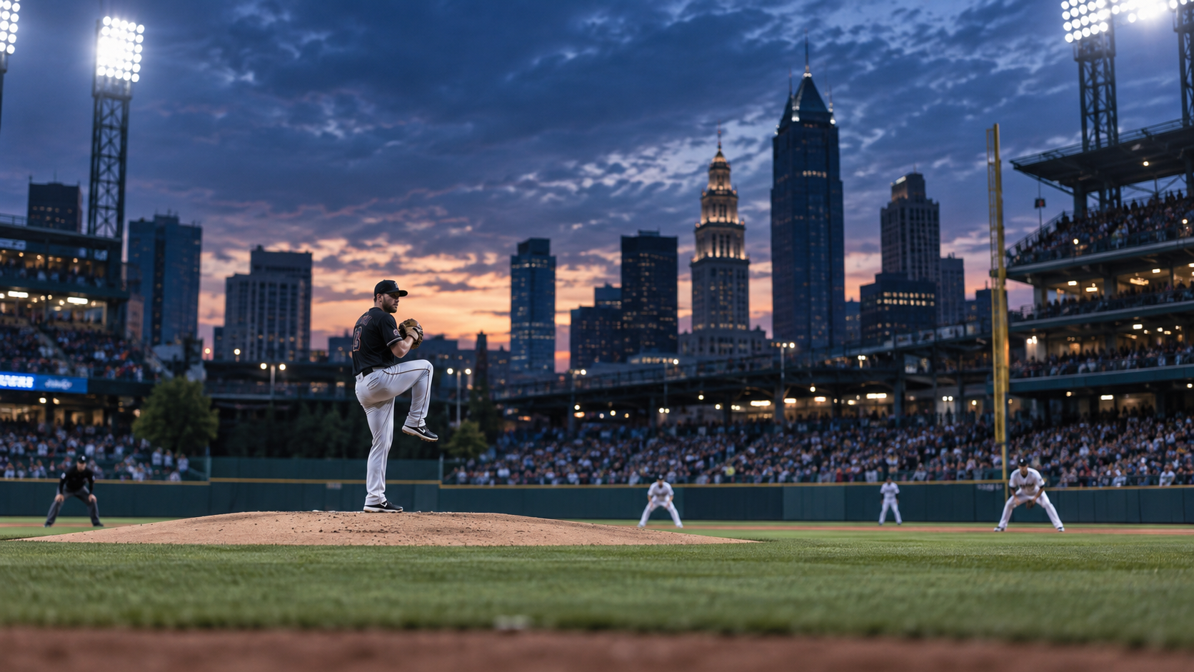 Text-free MLB game scene for Chicago White Sox at Cleveland Guardians