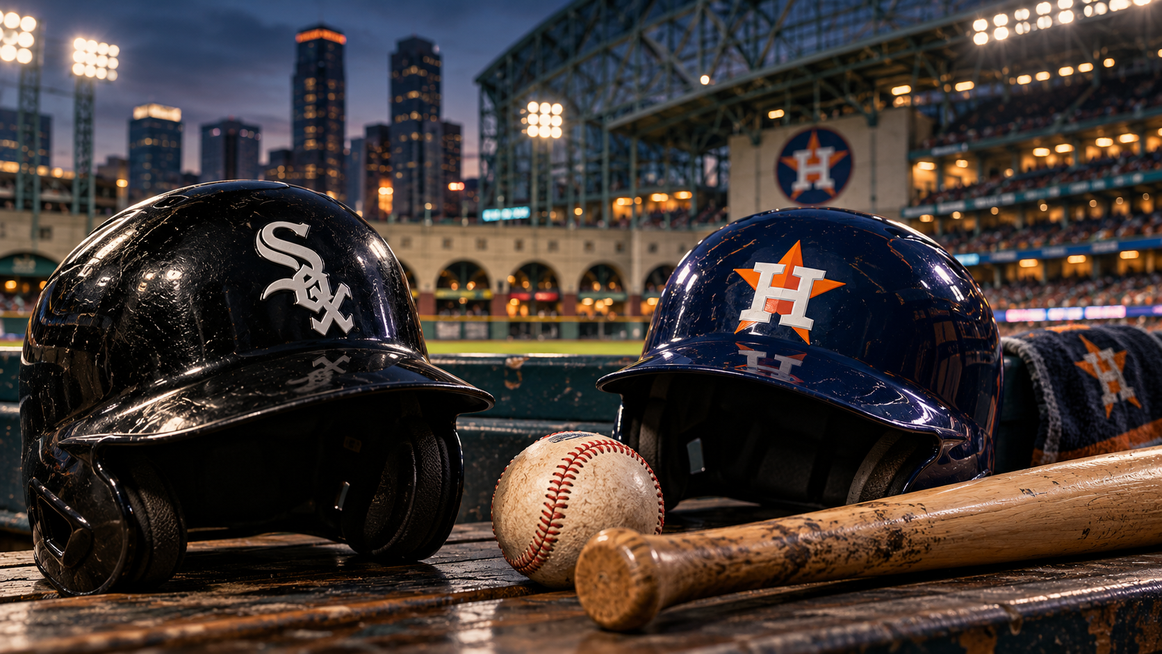 Editorial illustration of Chicago White Sox and Houston Astros team equipment
