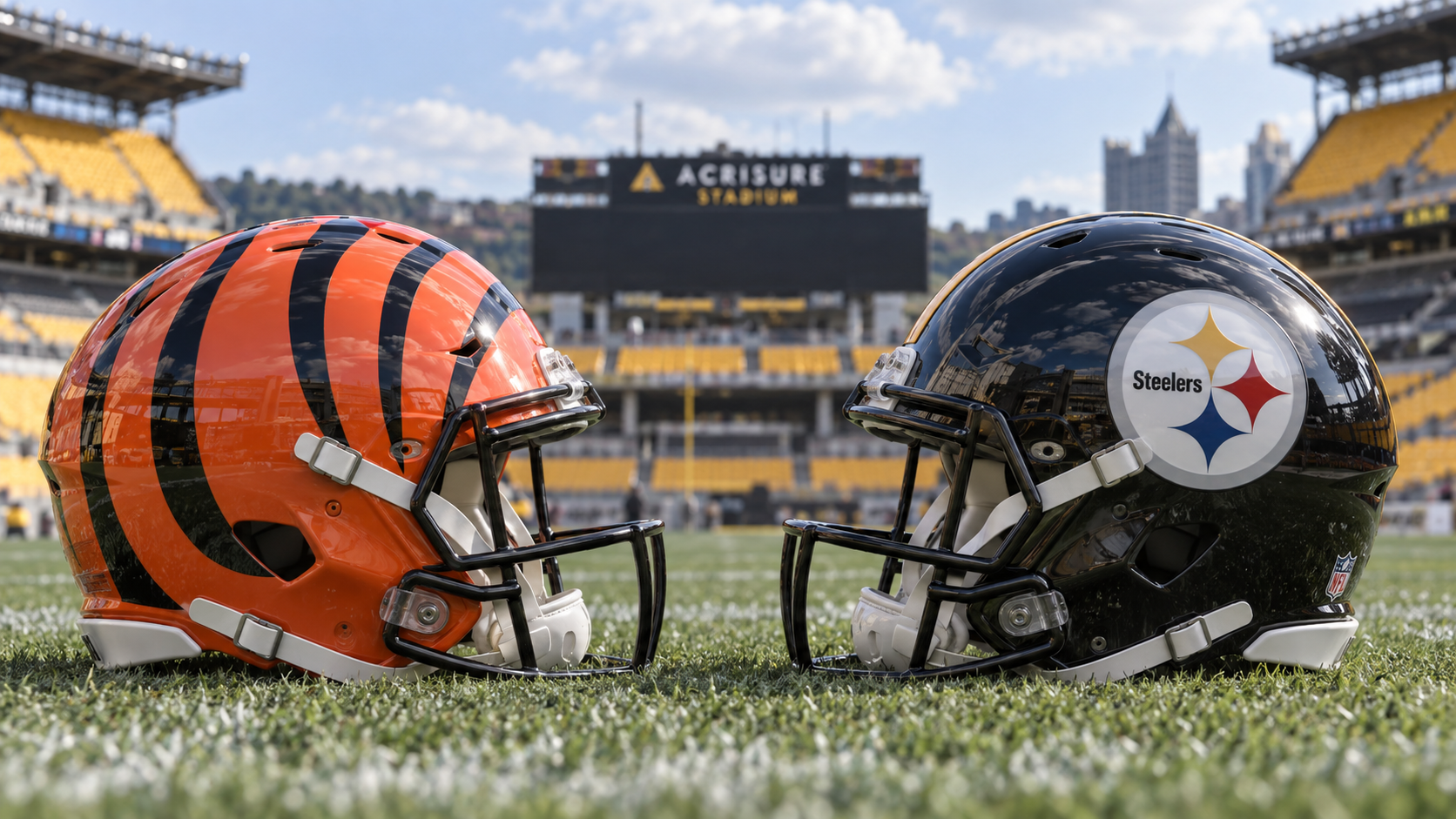 Editorial illustration representing Cincinnati Bengals and Pittsburgh Steelers