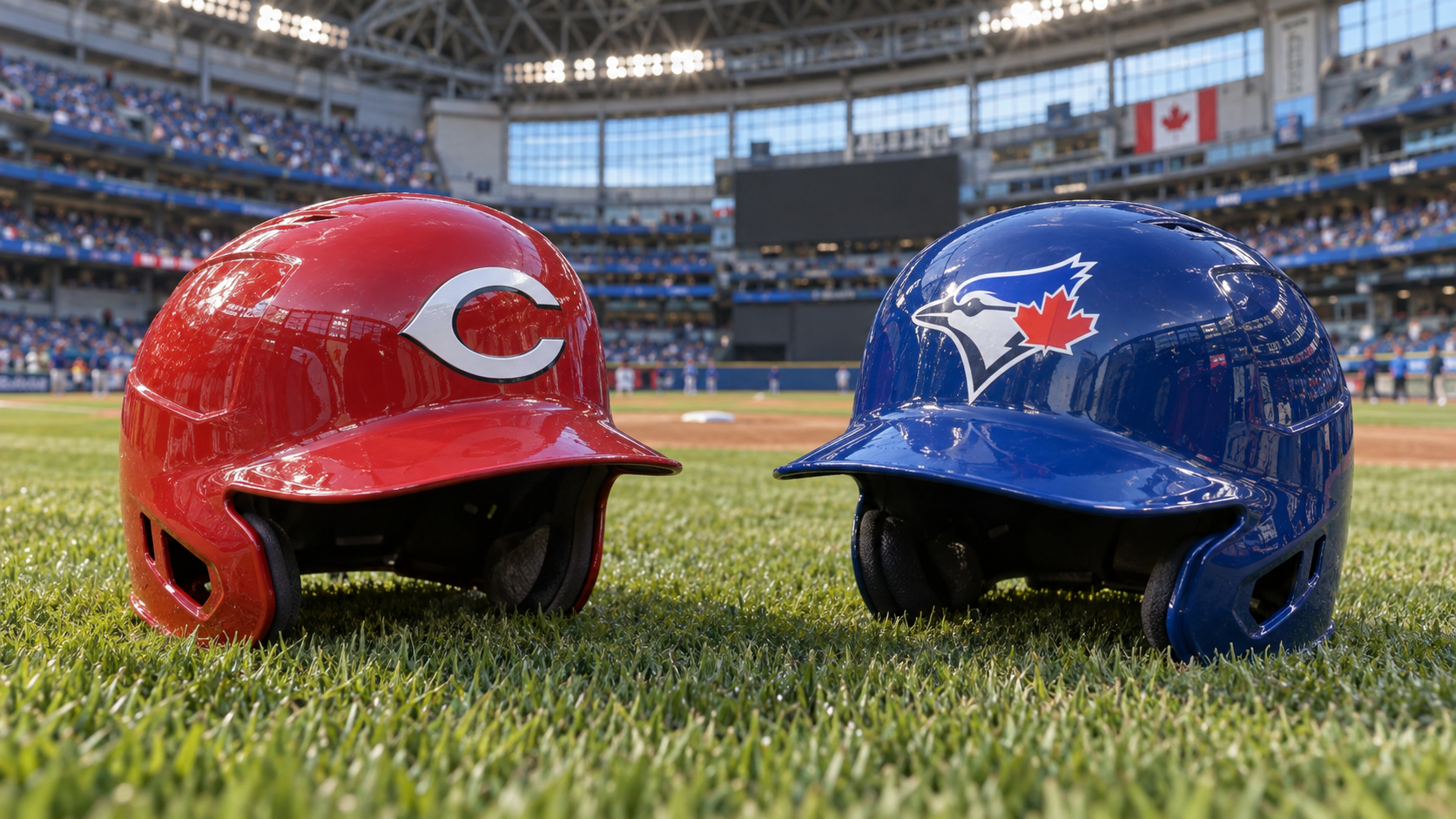 Cincinnati Reds and Toronto Blue Jays helmets with correct team emblems at Rogers Centre