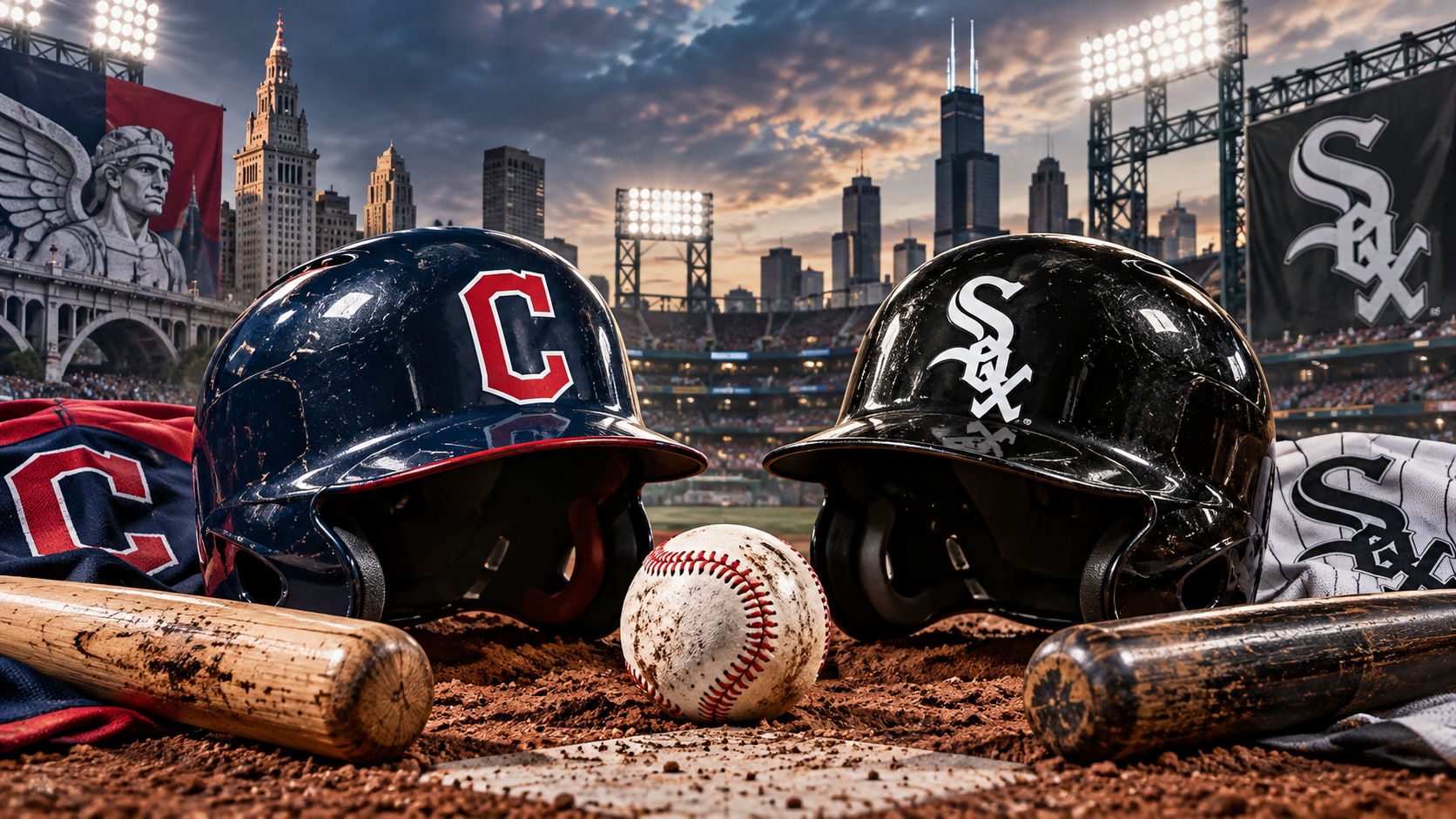 Editorial illustration of Cleveland Guardians and Chicago White Sox team equipment