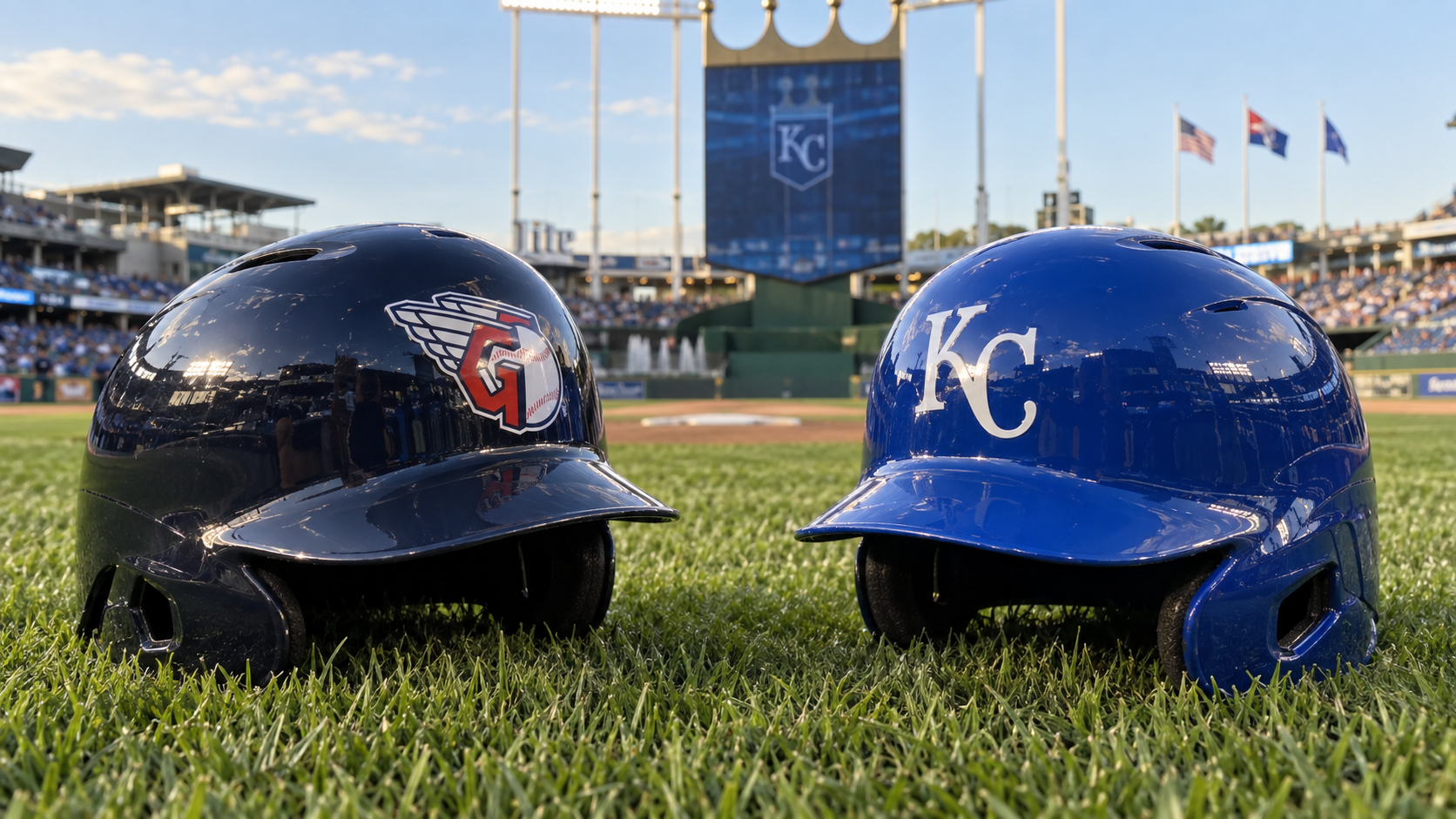 Cleveland Guardians and Kansas City Royals helmets with correct team emblems at Kauffman Stadium