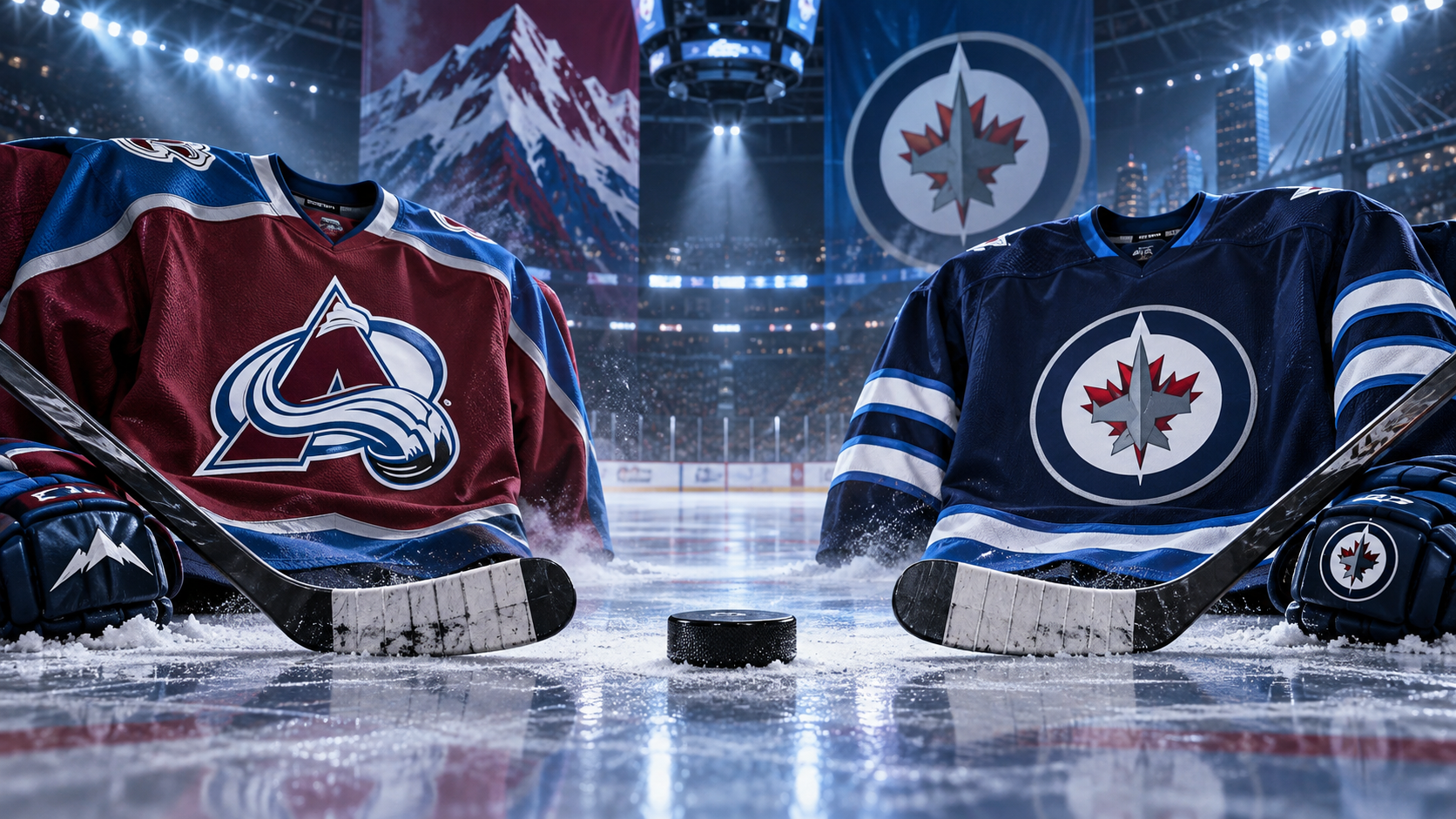 Editorial illustration of Colorado Avalanche and Winnipeg Jets team equipment