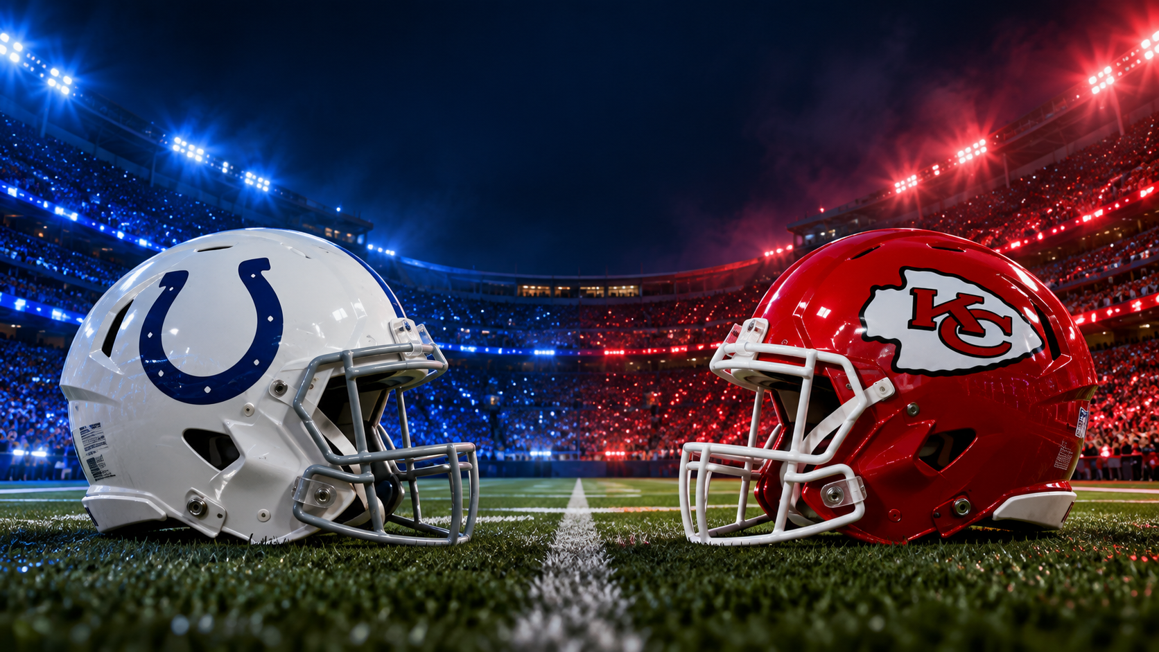 Indianapolis Colts and Kansas City Chiefs helmets facing each other