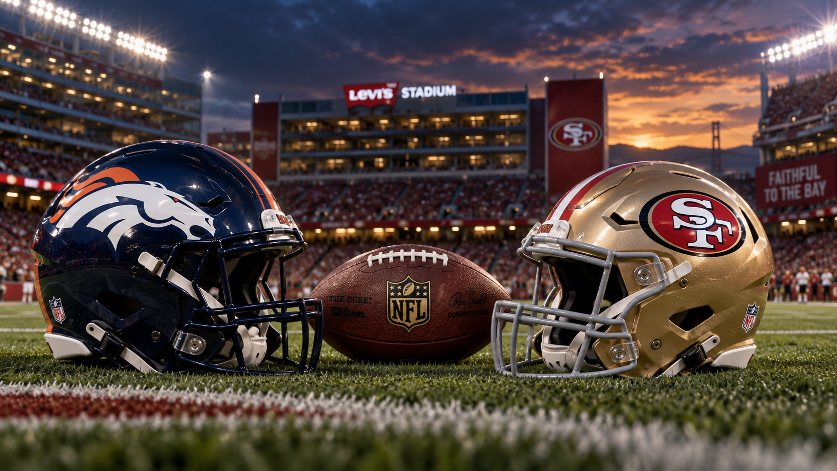Editorial illustration of Denver Broncos and San Francisco 49ers team equipment