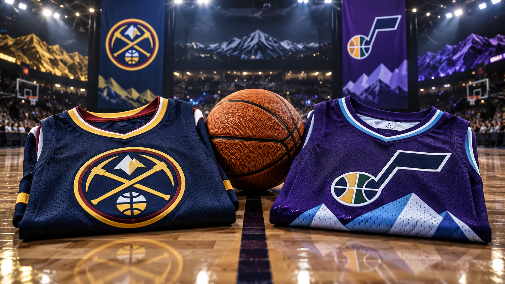 Editorial illustration of Denver Nuggets and Utah Jazz team equipment