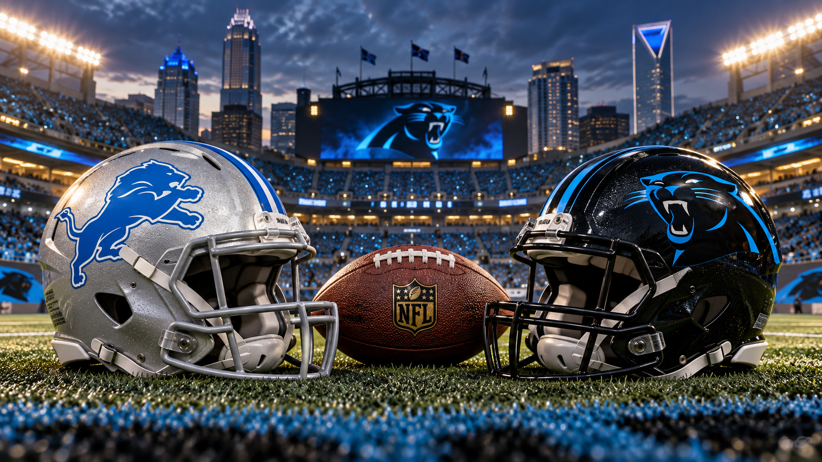 Editorial illustration of Detroit Lions and Carolina Panthers team equipment