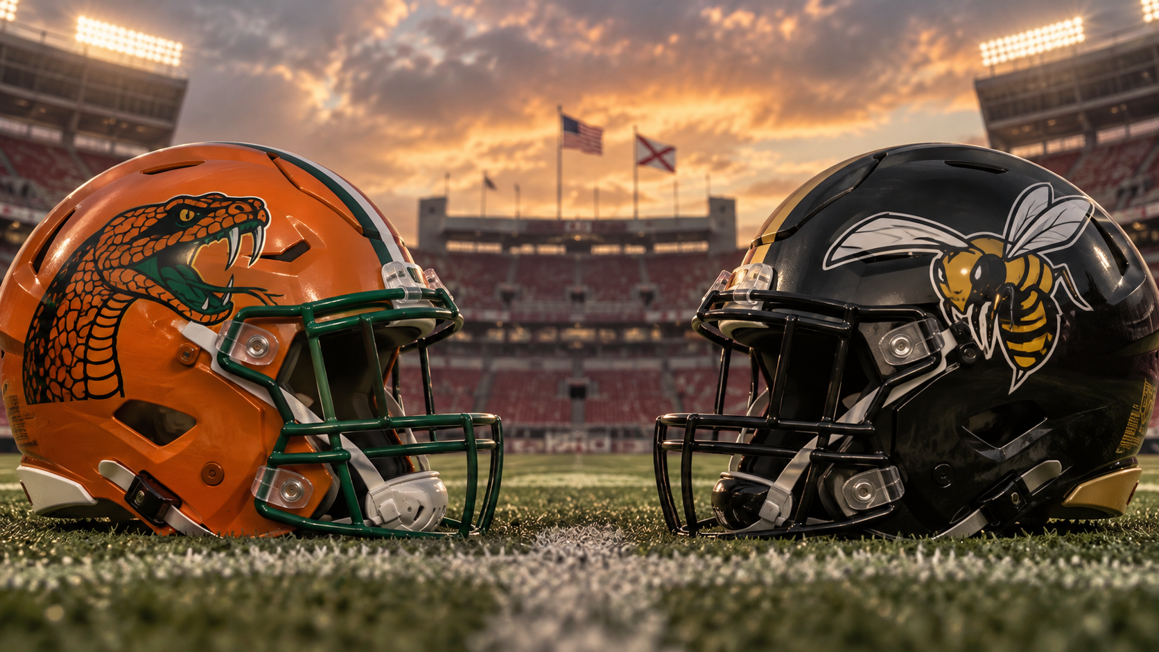 Editorial illustration of Florida A&M Rattlers at Alabama State Hornets team equipment