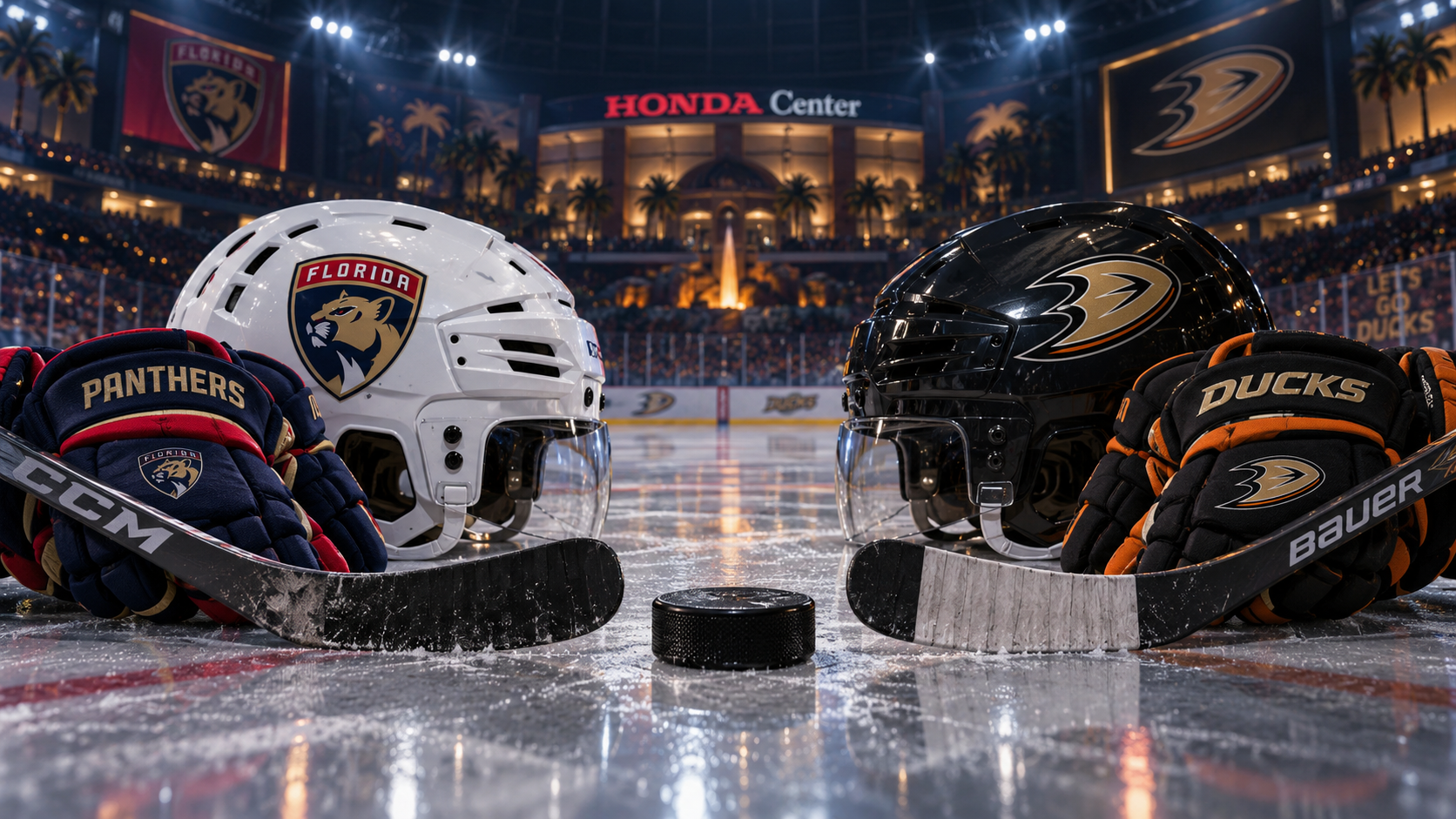 Editorial illustration of Florida Panthers and Anaheim Ducks team equipment