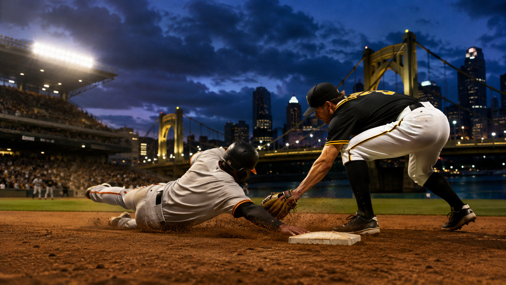 Game-night baseball illustration for Giants at Pirates