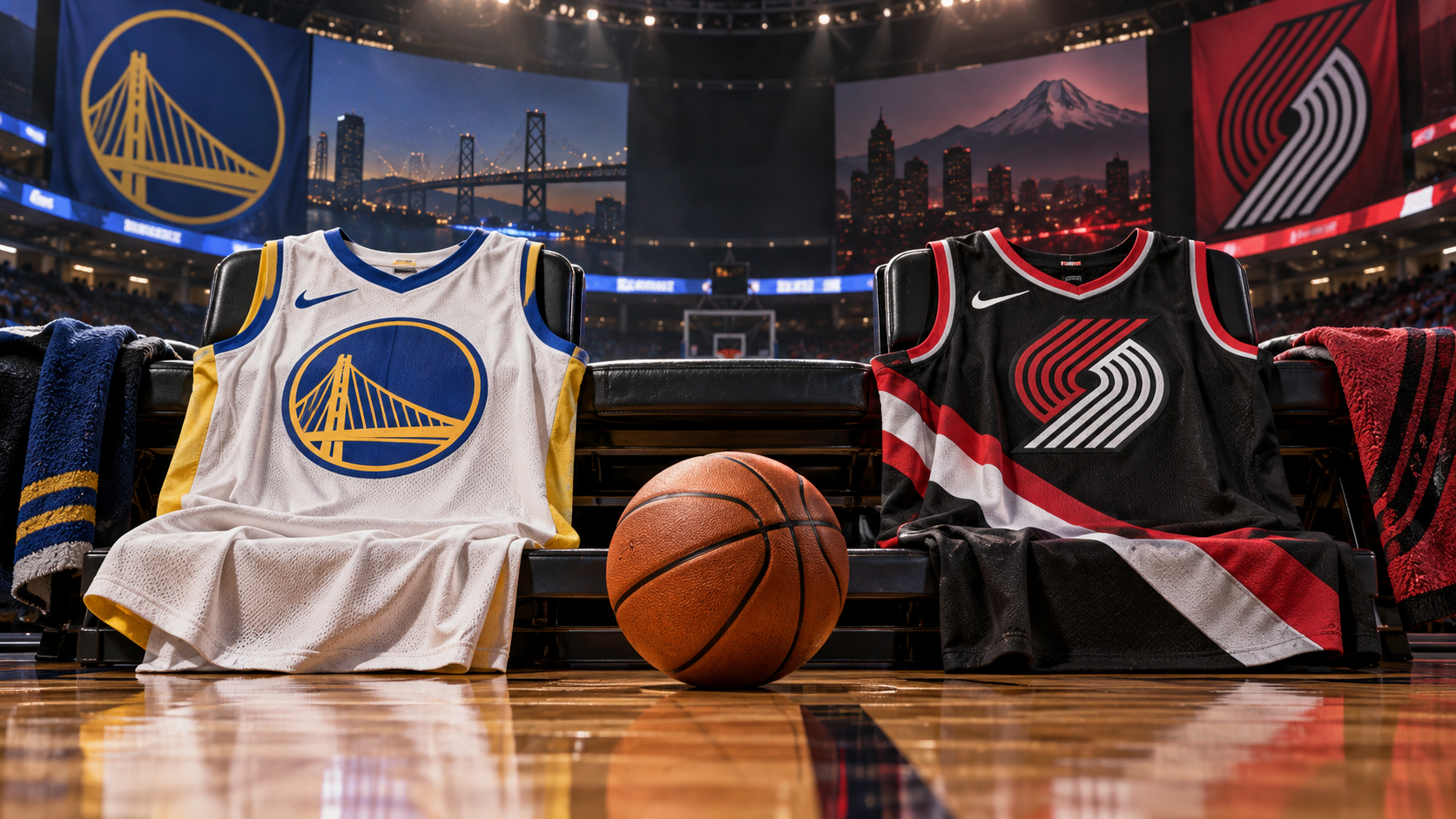 Editorial illustration of Golden State Warriors and Portland Trail Blazers team equipment