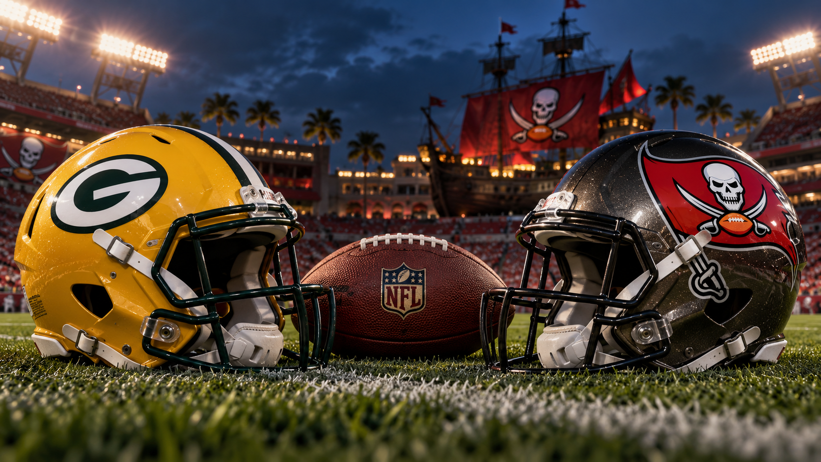Editorial illustration of Green Bay Packers and Tampa Bay Buccaneers team equipment