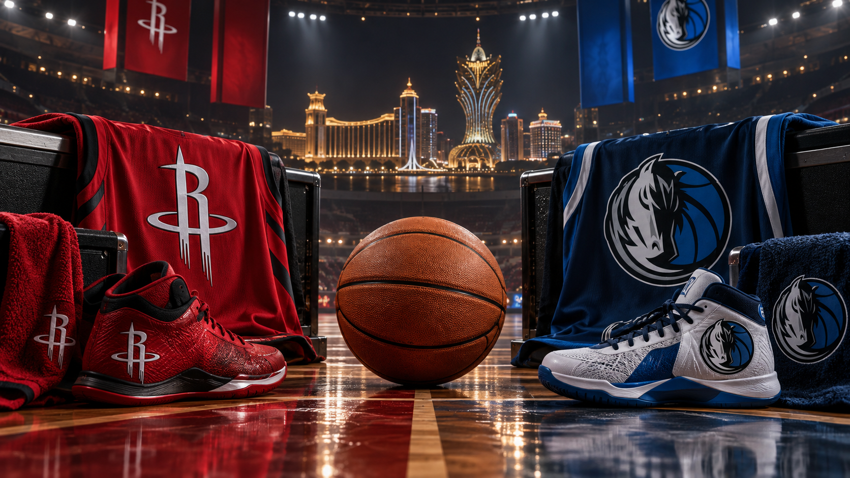 Editorial illustration of Houston Rockets at Dallas Mavericks team equipment