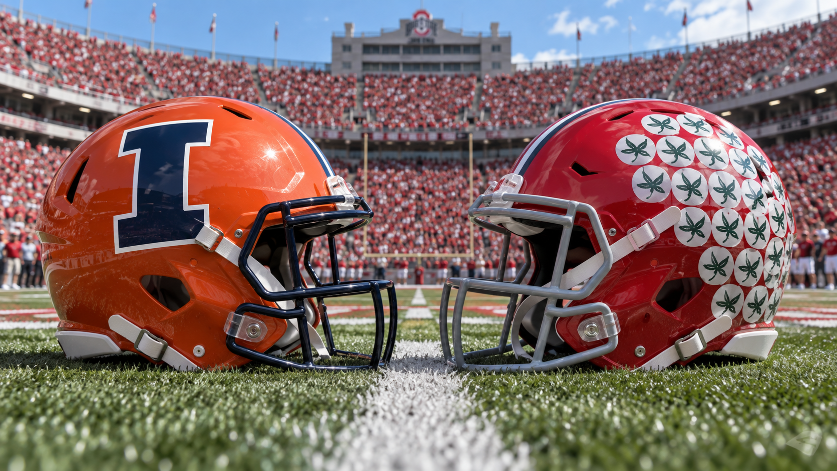Illinois orange block-I helmet vs Ohio State scarlet Buckeye-leaf helmet