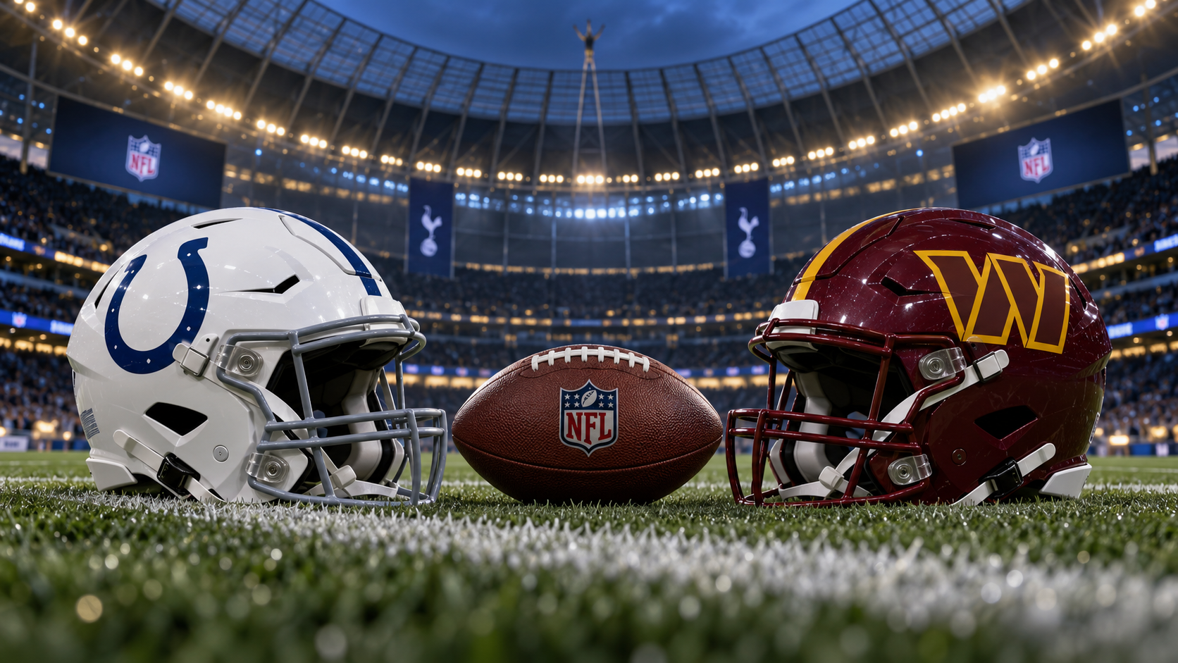 Editorial illustration of Indianapolis Colts and Washington Commanders team equipment