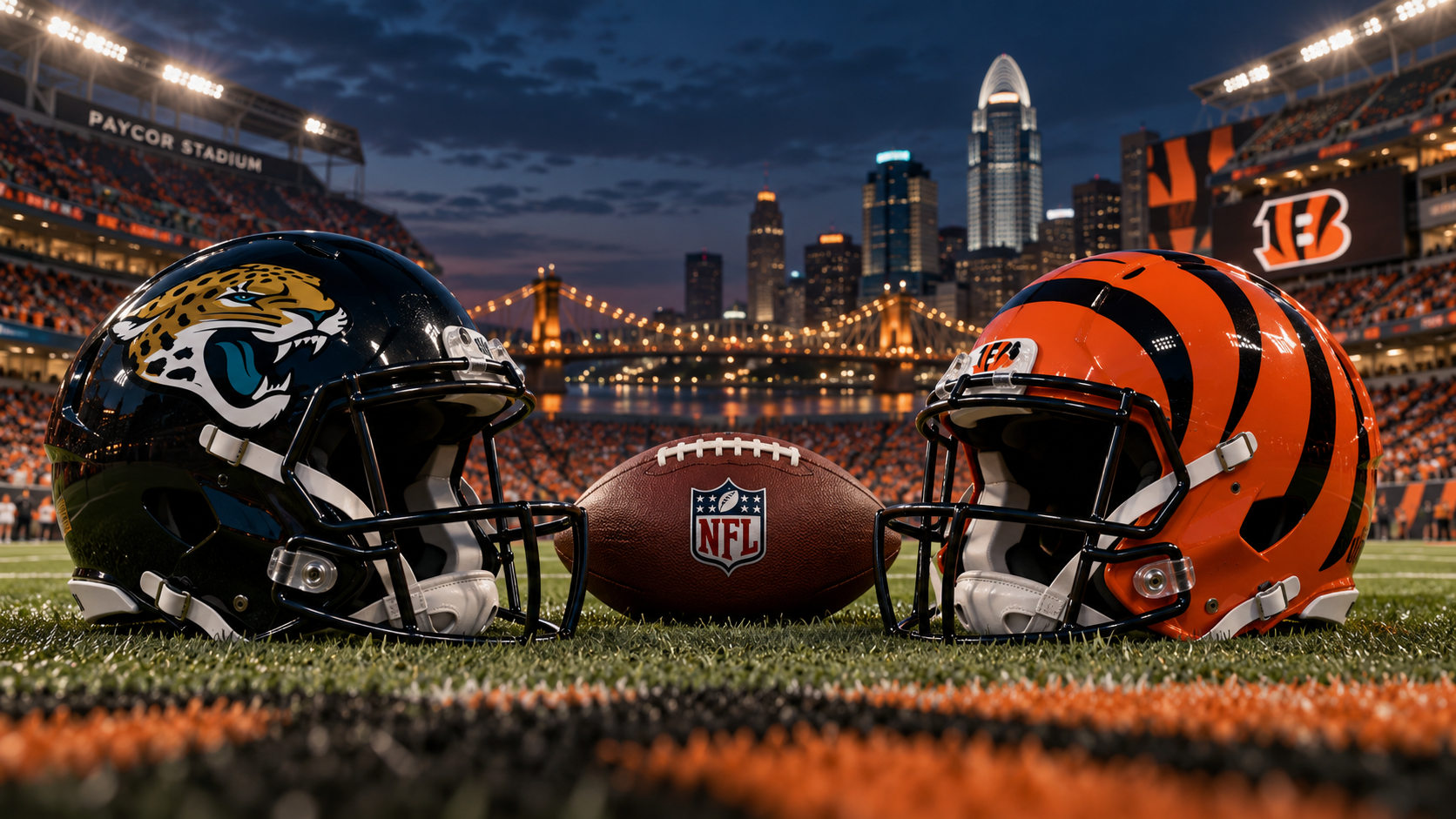 Editorial illustration of Jacksonville Jaguars and Cincinnati Bengals team equipment