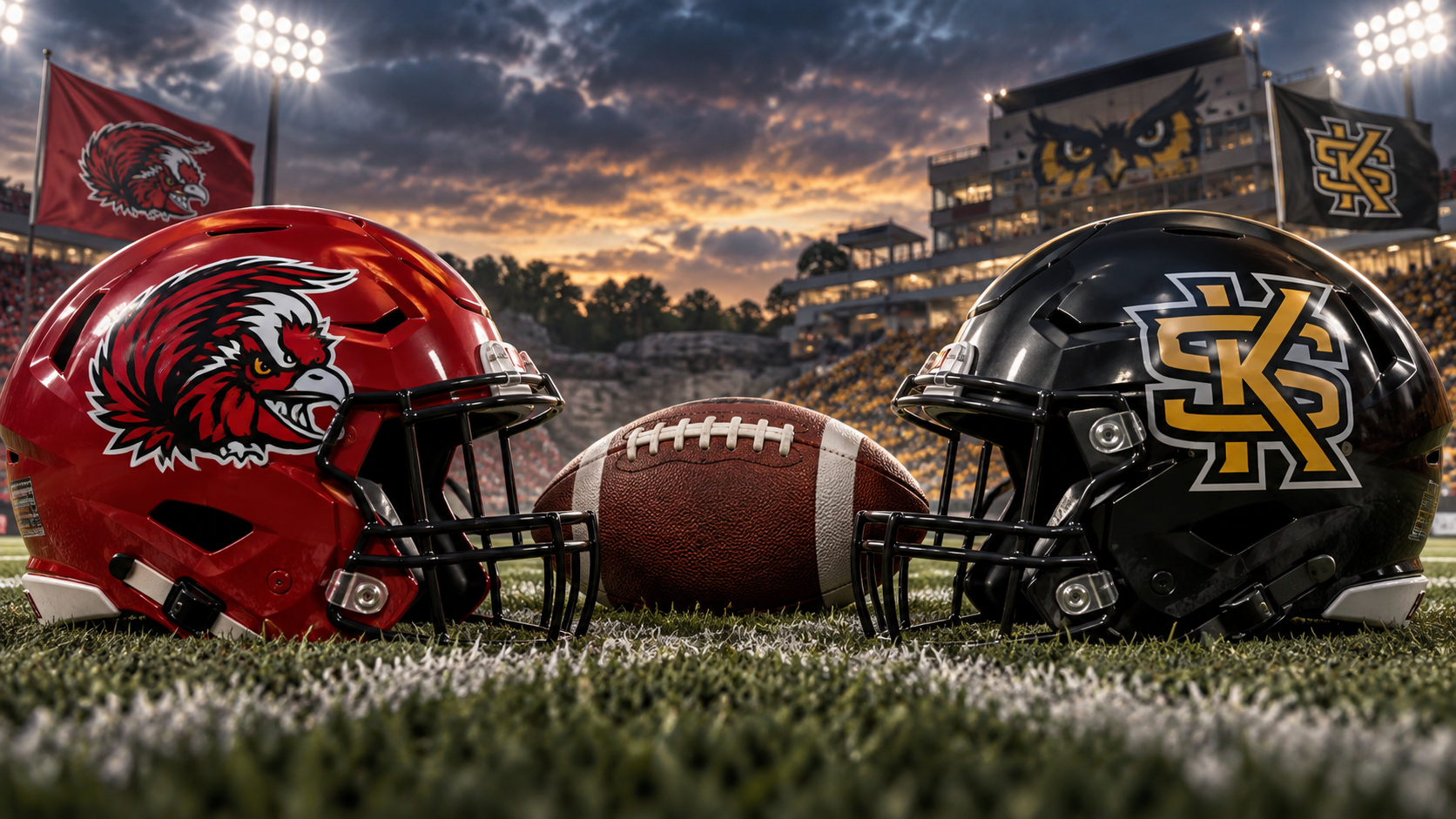 Editorial illustration of Jacksonville State Gamecocks and Kennesaw State Owls team equipment