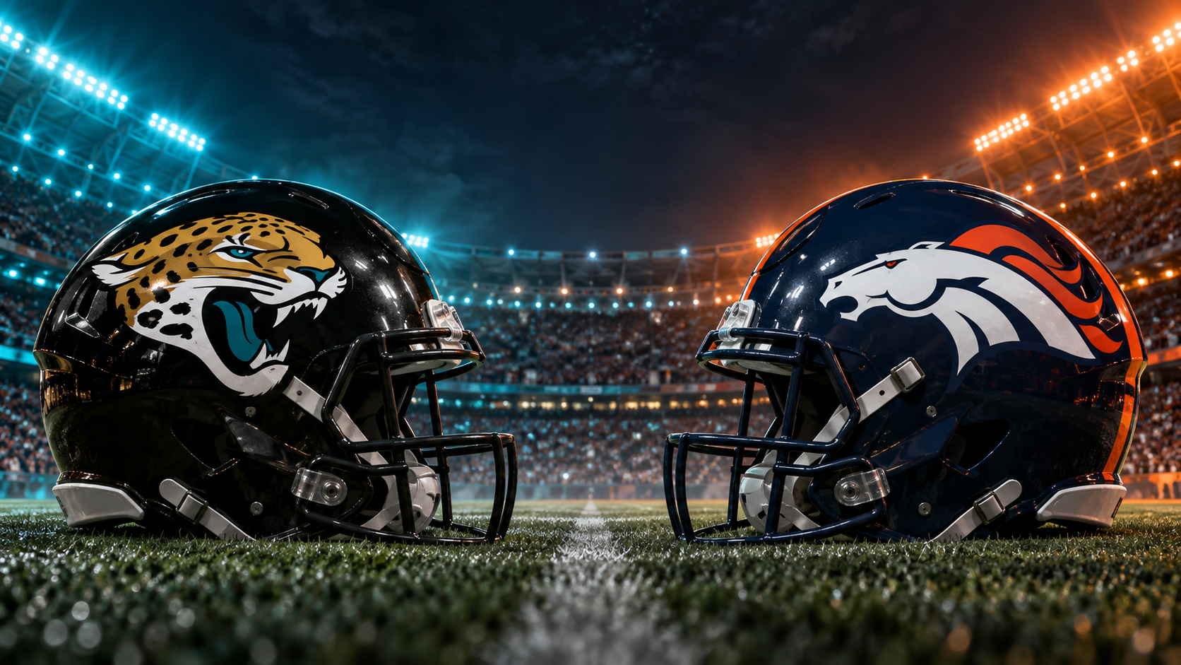 Jacksonville Jaguars and Denver Broncos helmets facing each other