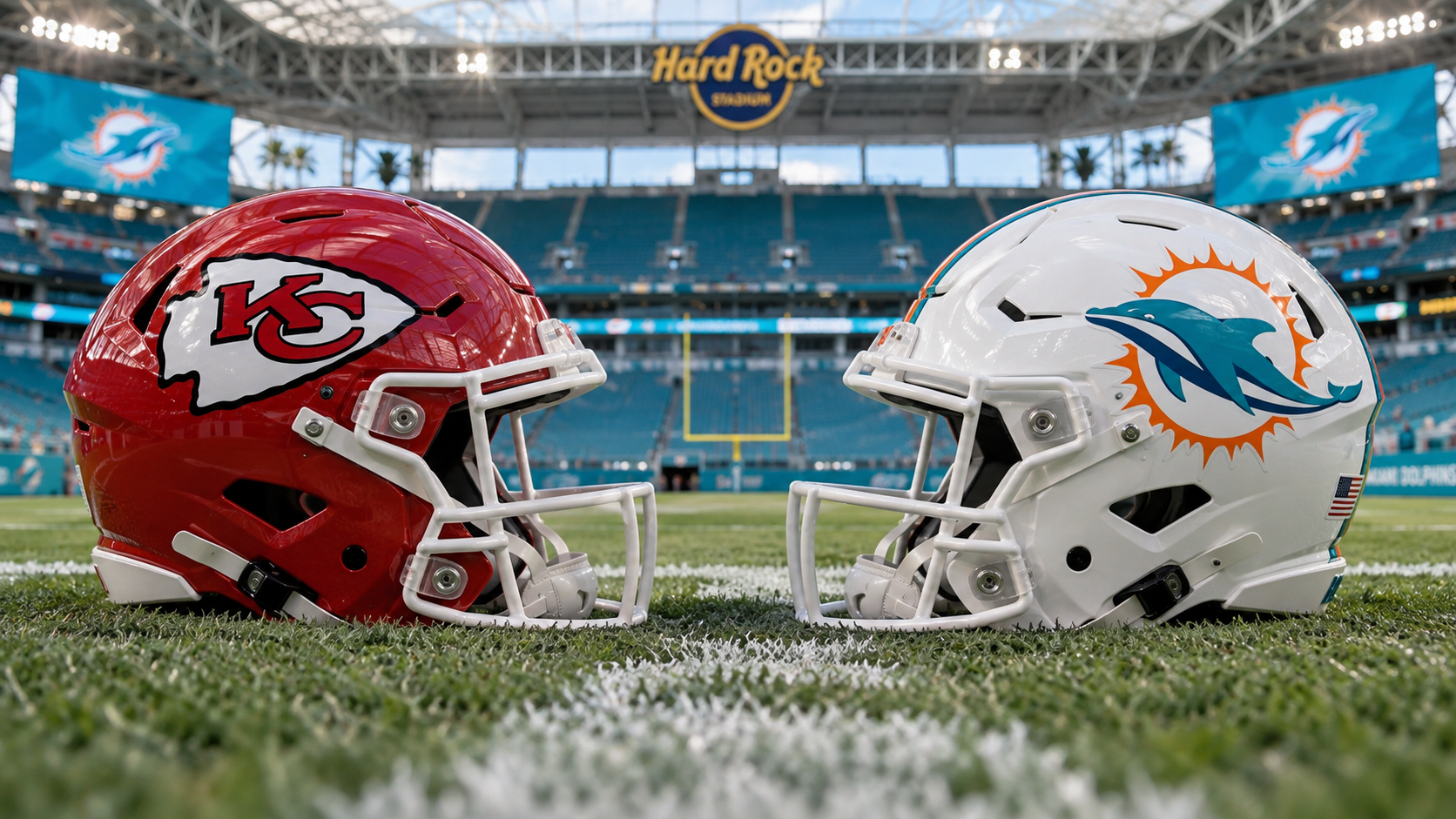 Editorial illustration representing Kansas City Chiefs and Miami Dolphins