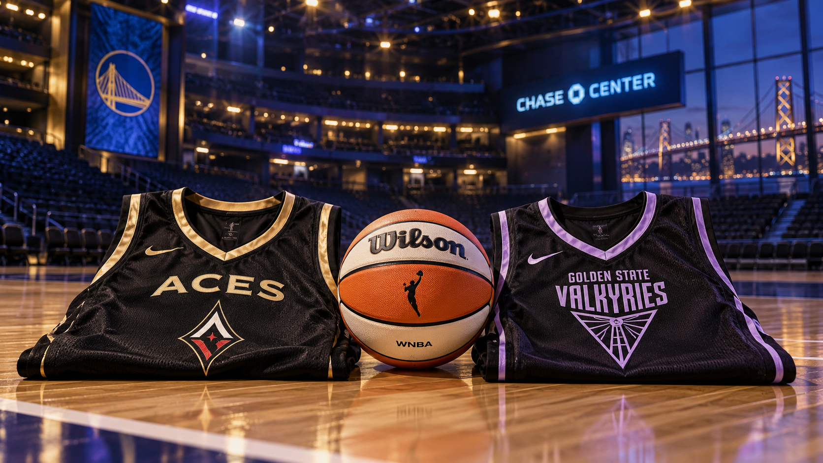 Editorial illustration of Las Vegas Aces and Golden State Valkyries team equipment