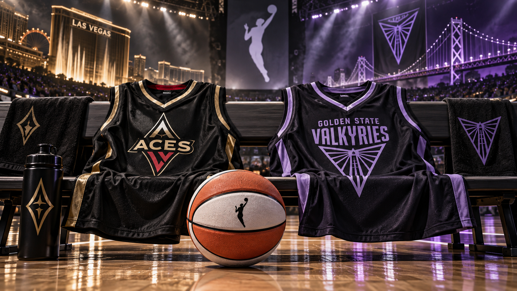 Editorial illustration of Las Vegas Aces and Golden State Valkyries team equipment