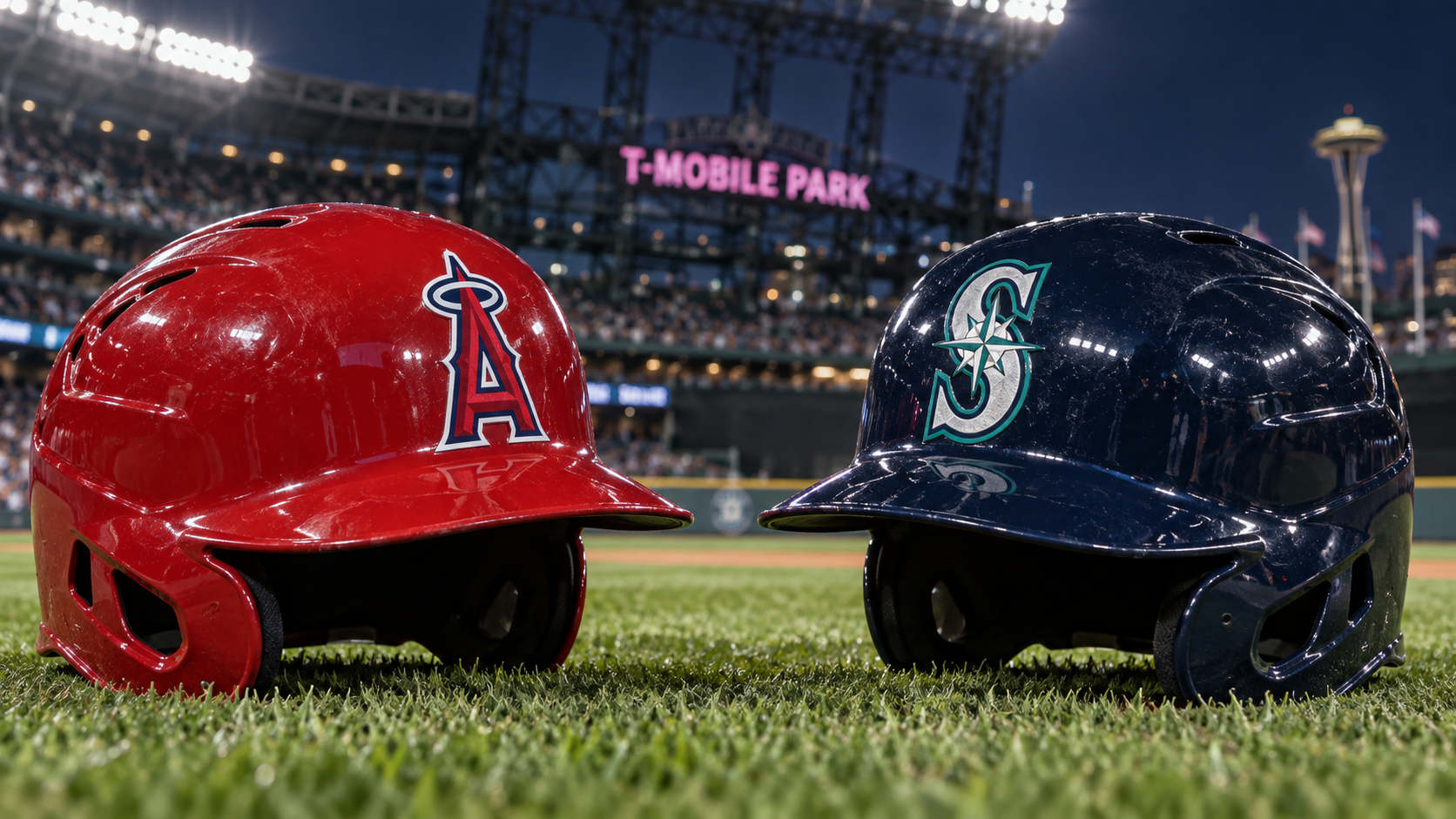 Editorial illustration representing Los Angeles Angels and Seattle Mariners