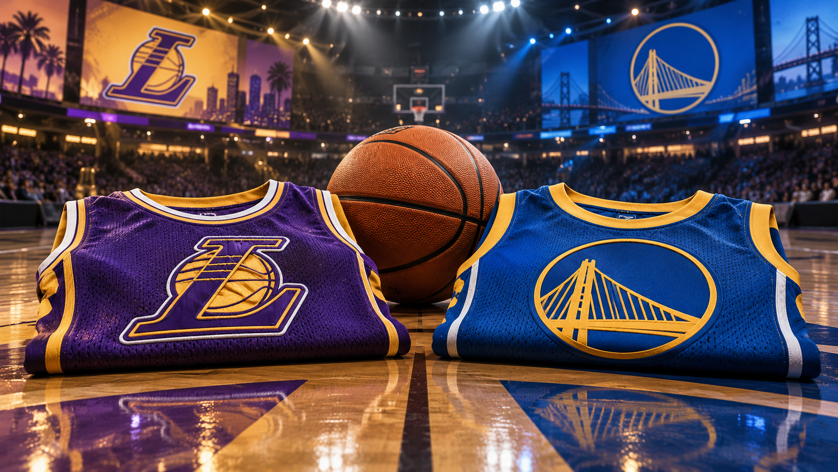 Editorial illustration of Los Angeles Lakers and Golden State Warriors team equipment