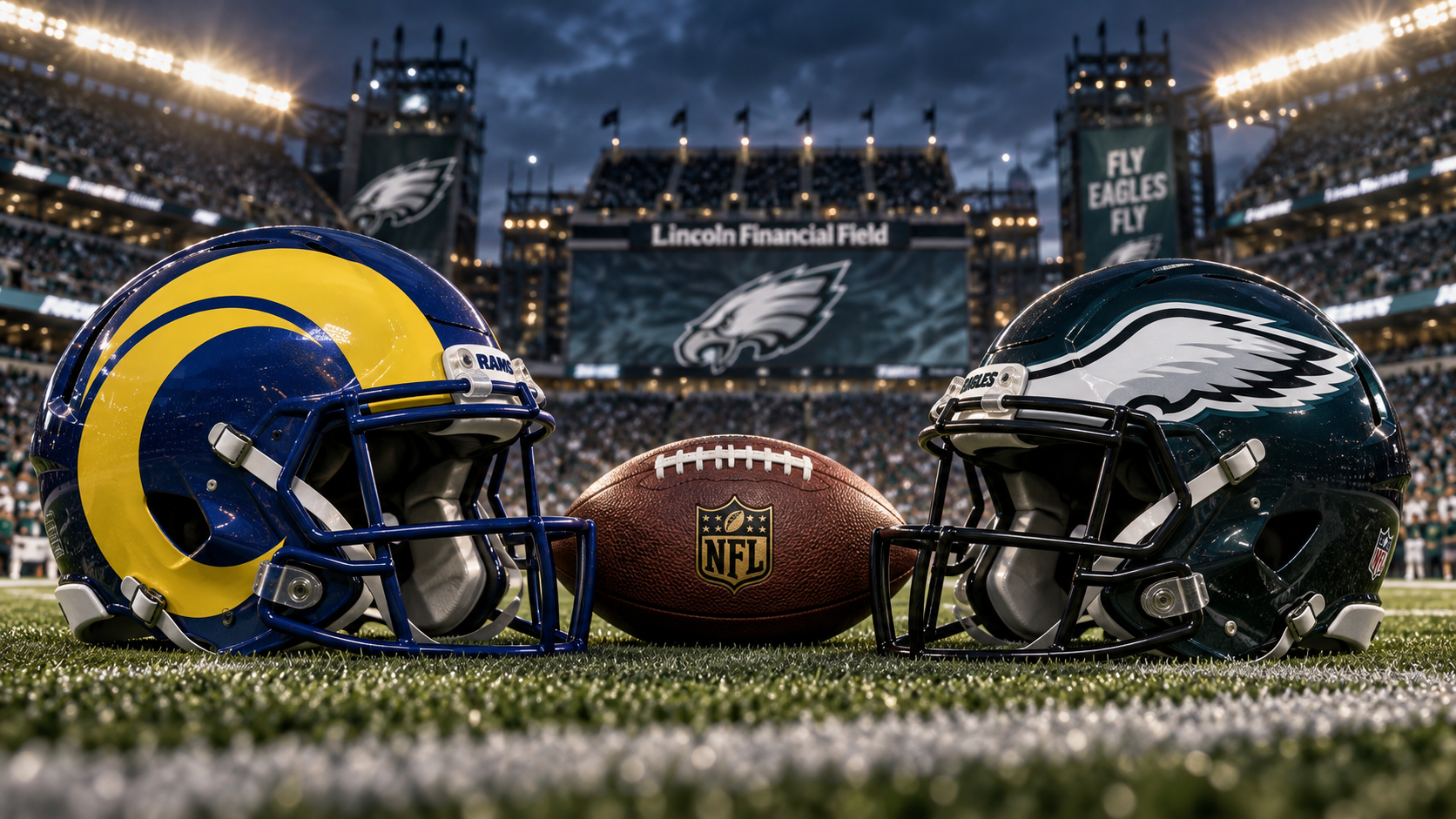 Editorial illustration of Los Angeles Rams and Philadelphia Eagles team equipment