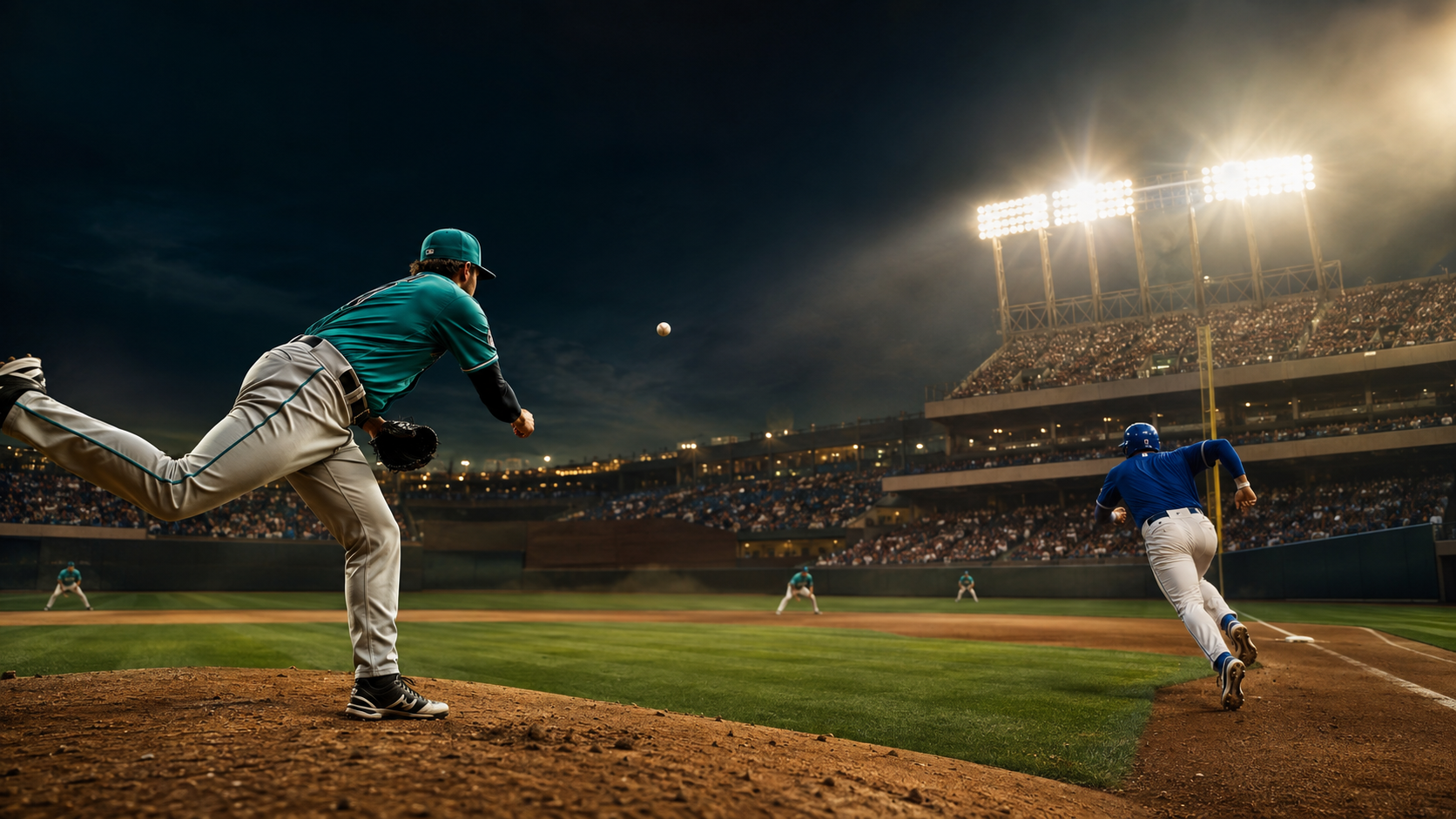 Game-night baseball illustration for Marlins at Royals