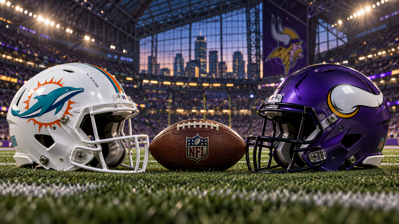 Editorial illustration of Miami Dolphins and Minnesota Vikings team equipment