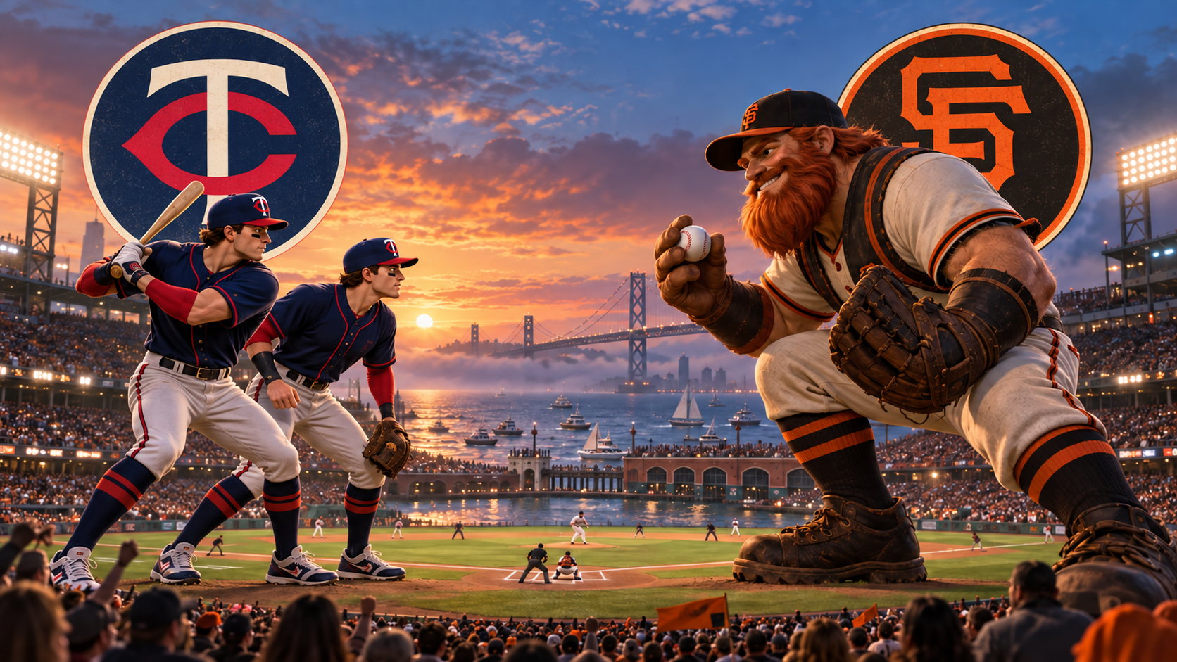 Cinematic Minnesota Twins at San Francisco Giants mascot matchup illustration at Oracle Park