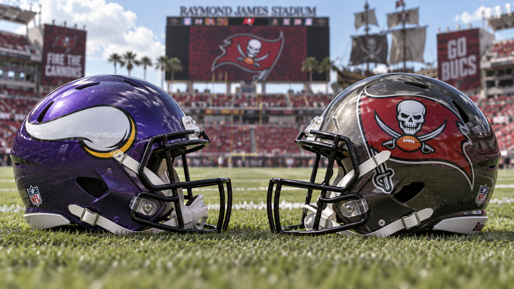 Editorial illustration representing Minnesota Vikings and Tampa Bay Buccaneers
