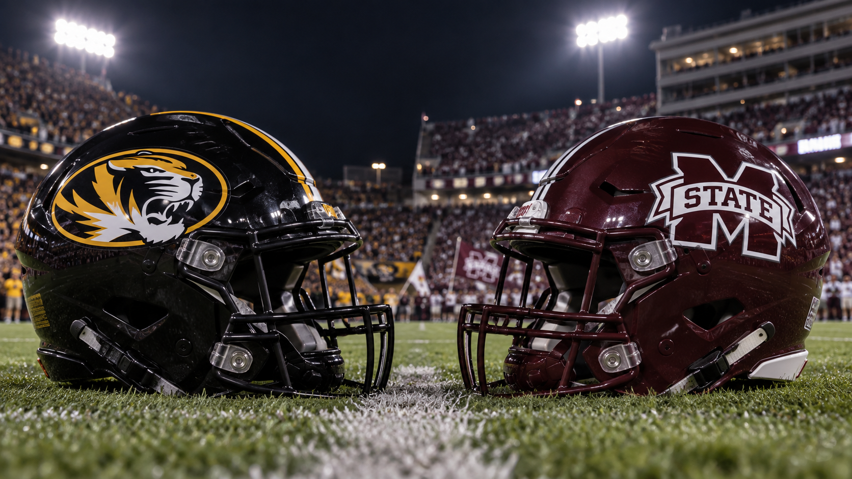 Missouri black Tiger helmet vs Mississippi State maroon M-State helmet
