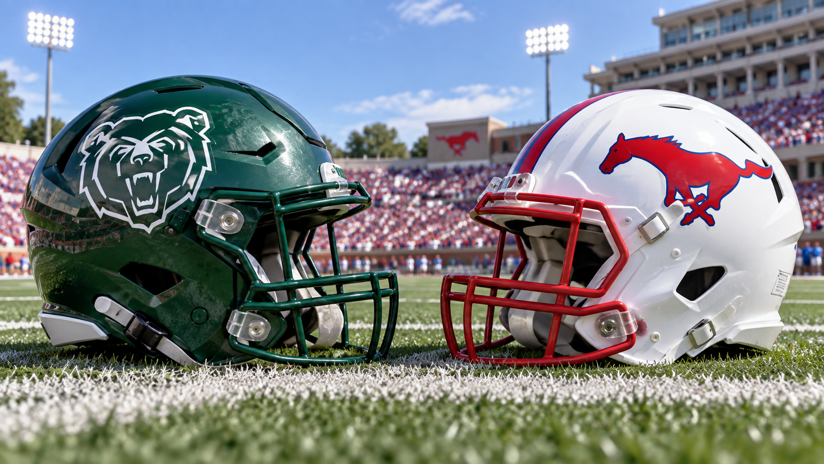 Missouri State green Bear helmet vs SMU white Mustang helmet
