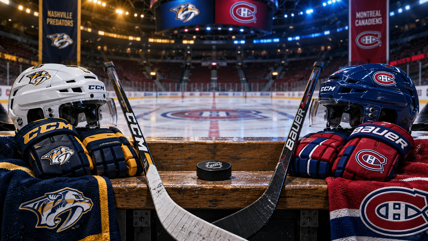 Editorial illustration of Nashville Predators and Montreal Canadiens team equipment