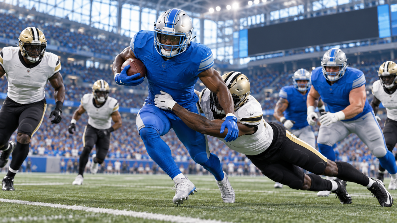 Text-free NFL game scene for New Orleans Saints at Detroit Lions