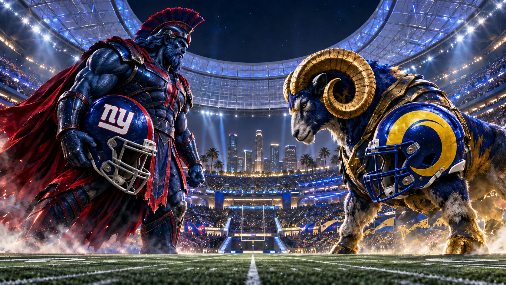 Cinematic New York Giants at Los Angeles Rams mascot matchup illustration at SoFi Stadium