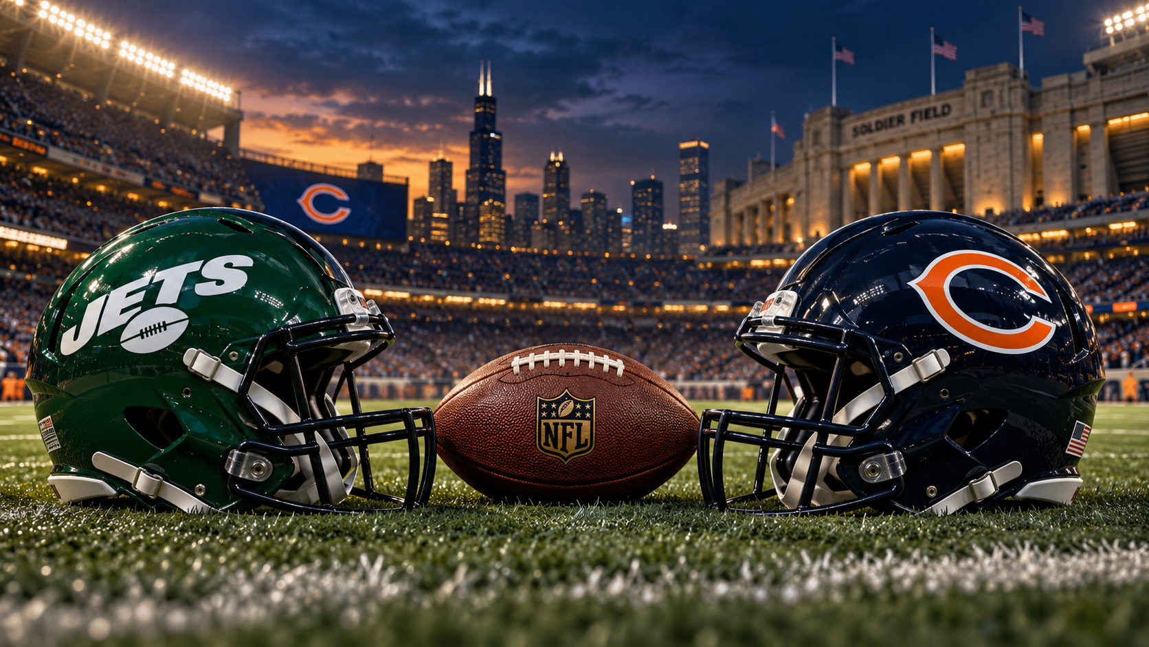 Editorial illustration of New York Jets and Chicago Bears team equipment