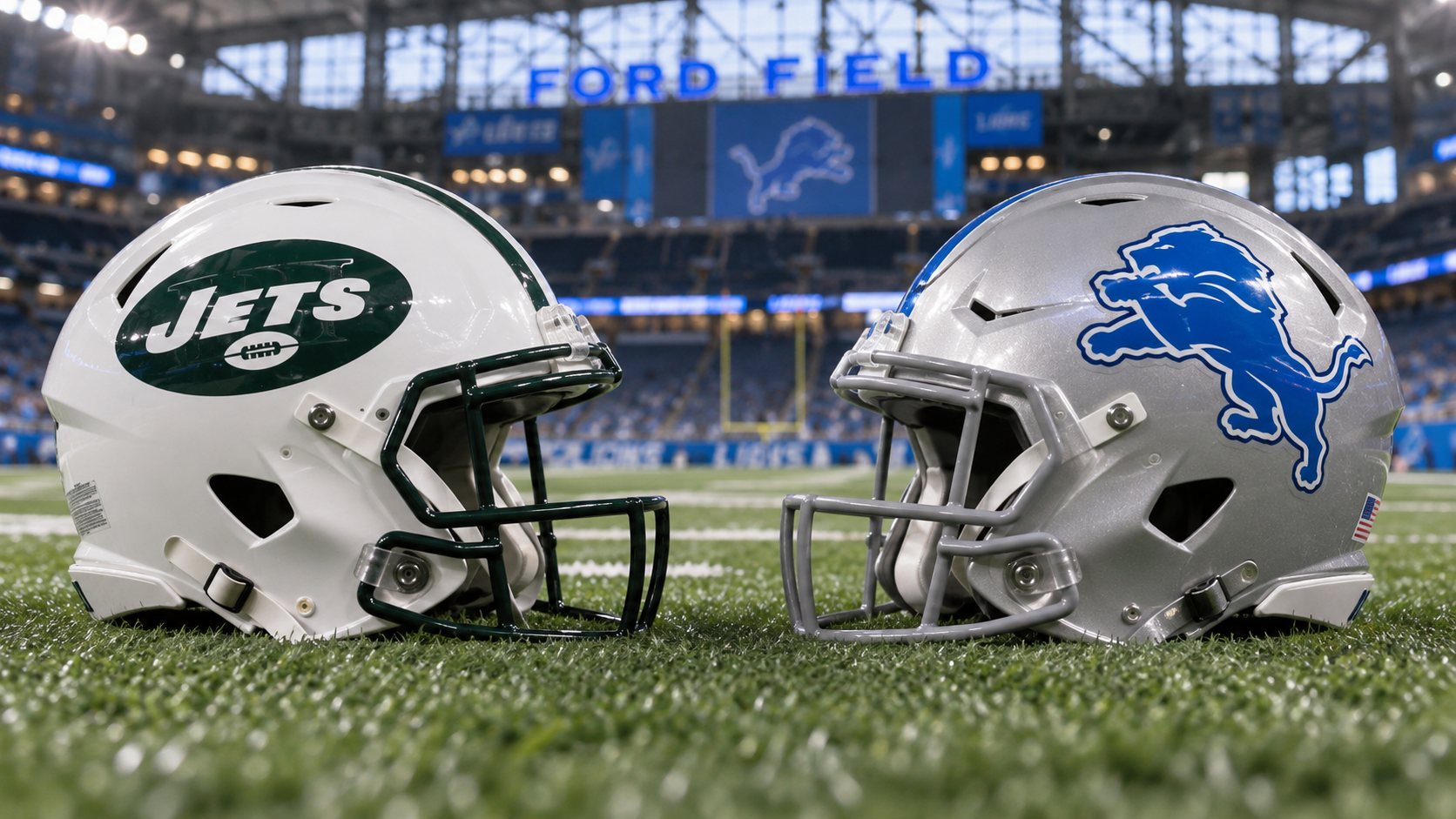 Editorial illustration representing New York Jets and Detroit Lions