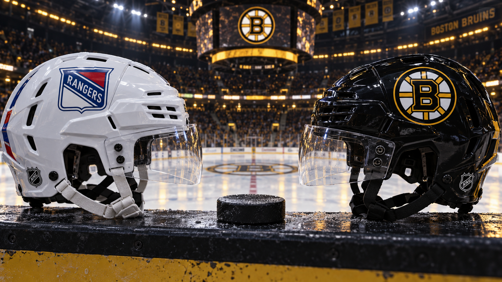 Editorial illustration of New York Rangers and Boston Bruins team equipment