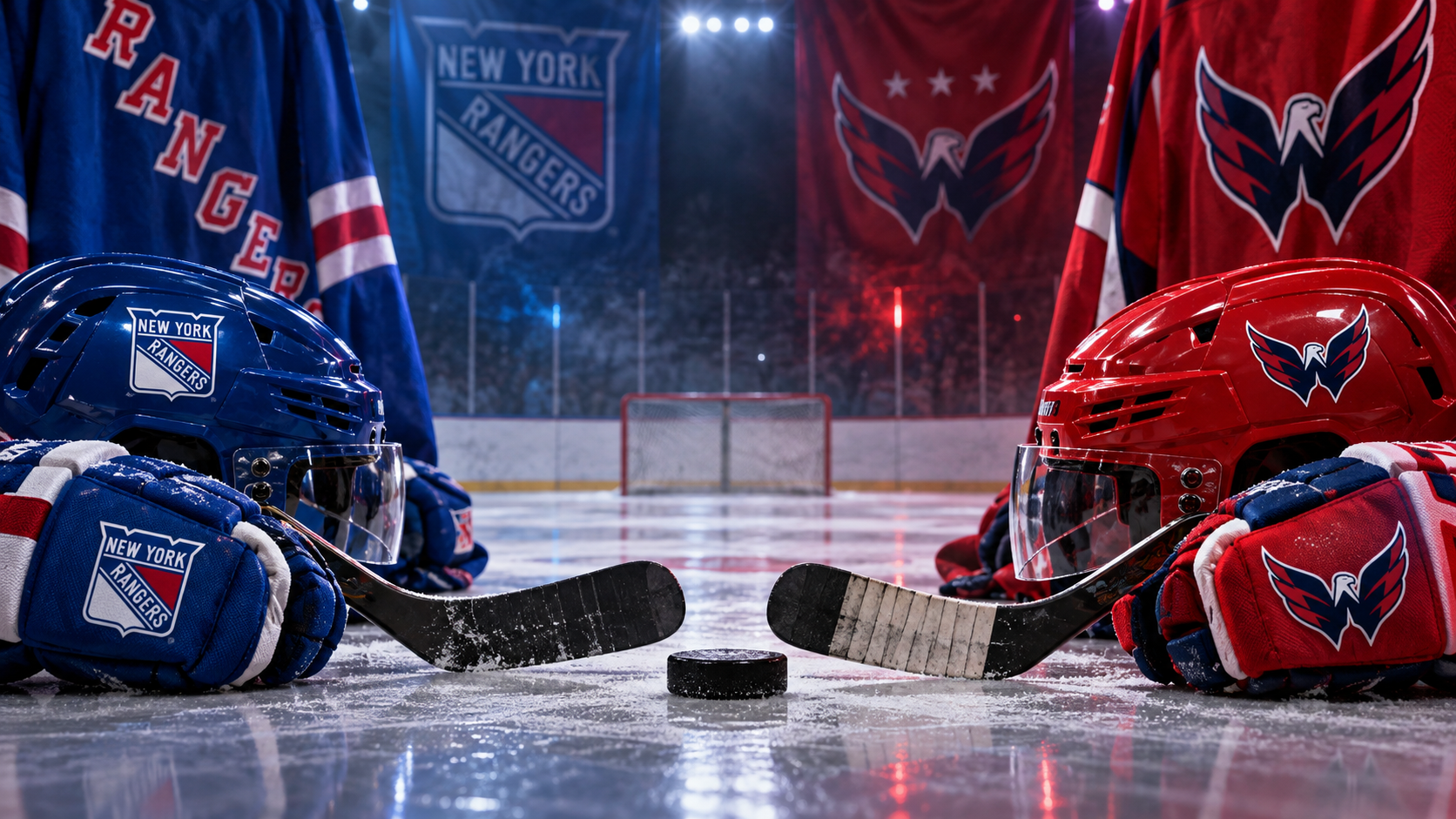 Editorial illustration of New York Rangers at Washington Capitals team equipment