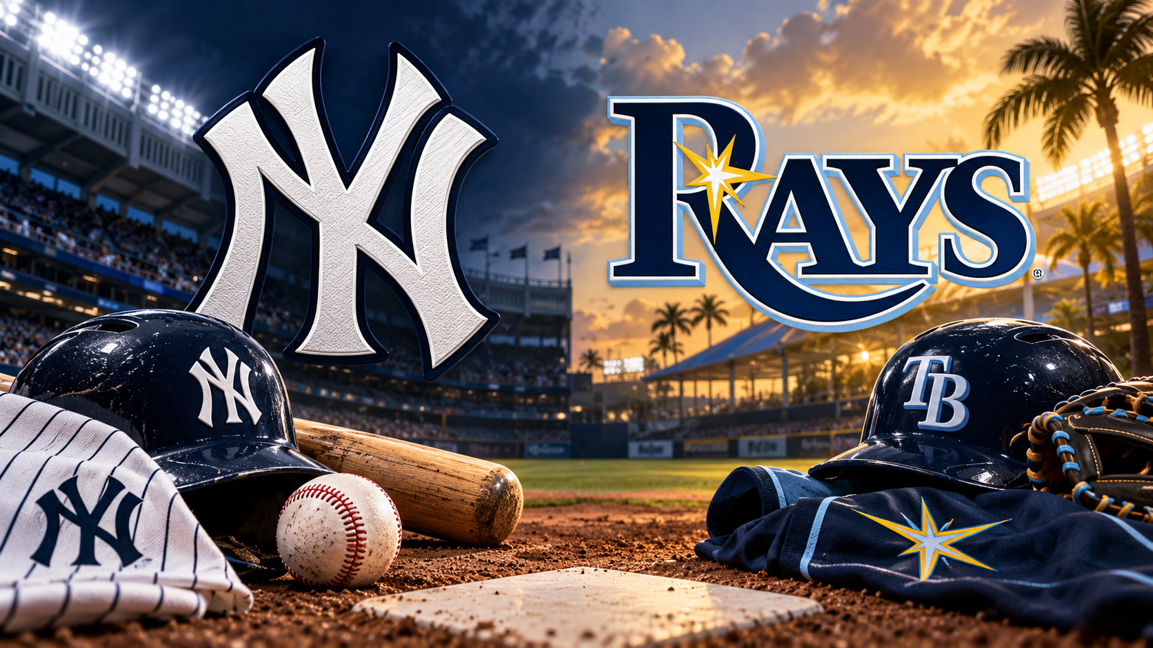 Editorial illustration of New York Yankees and Tampa Bay Rays team equipment